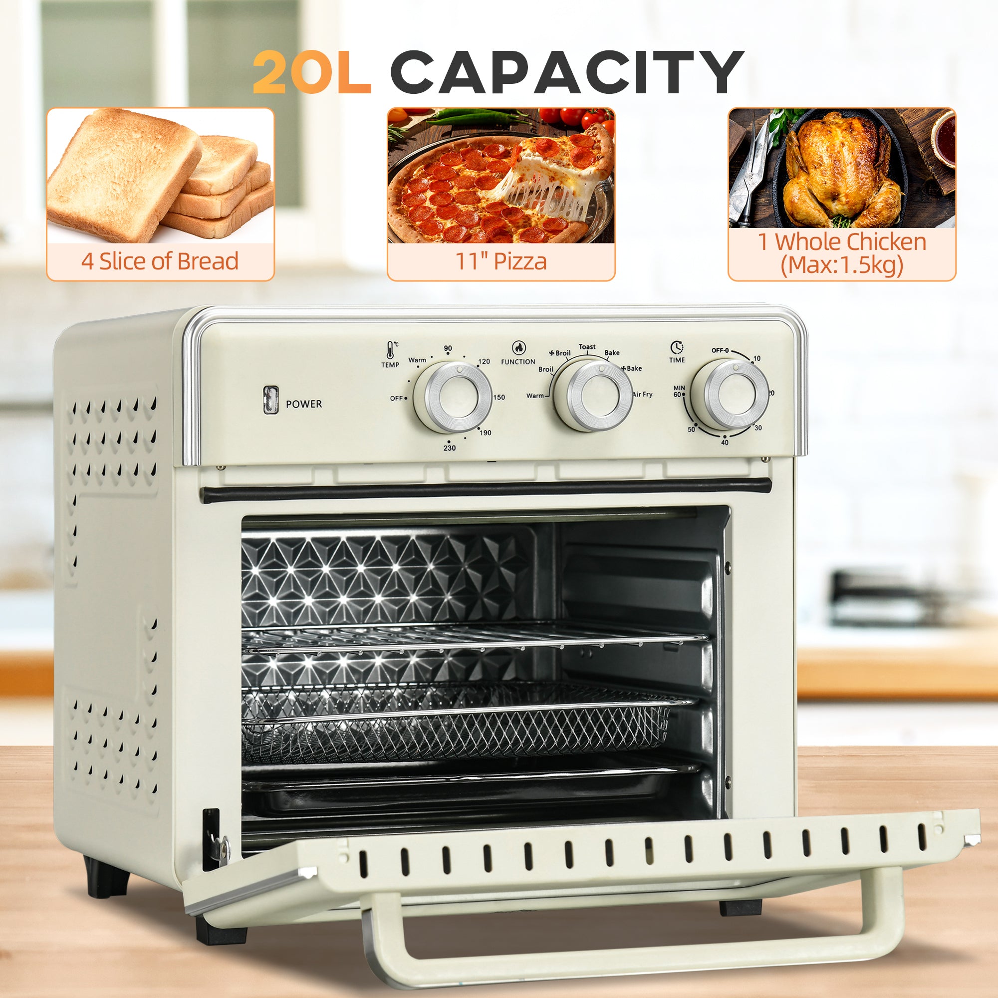 HOMCOM 20L 90-230℃ Mini Electric Oven - Cream - North Peak Garden Furniture