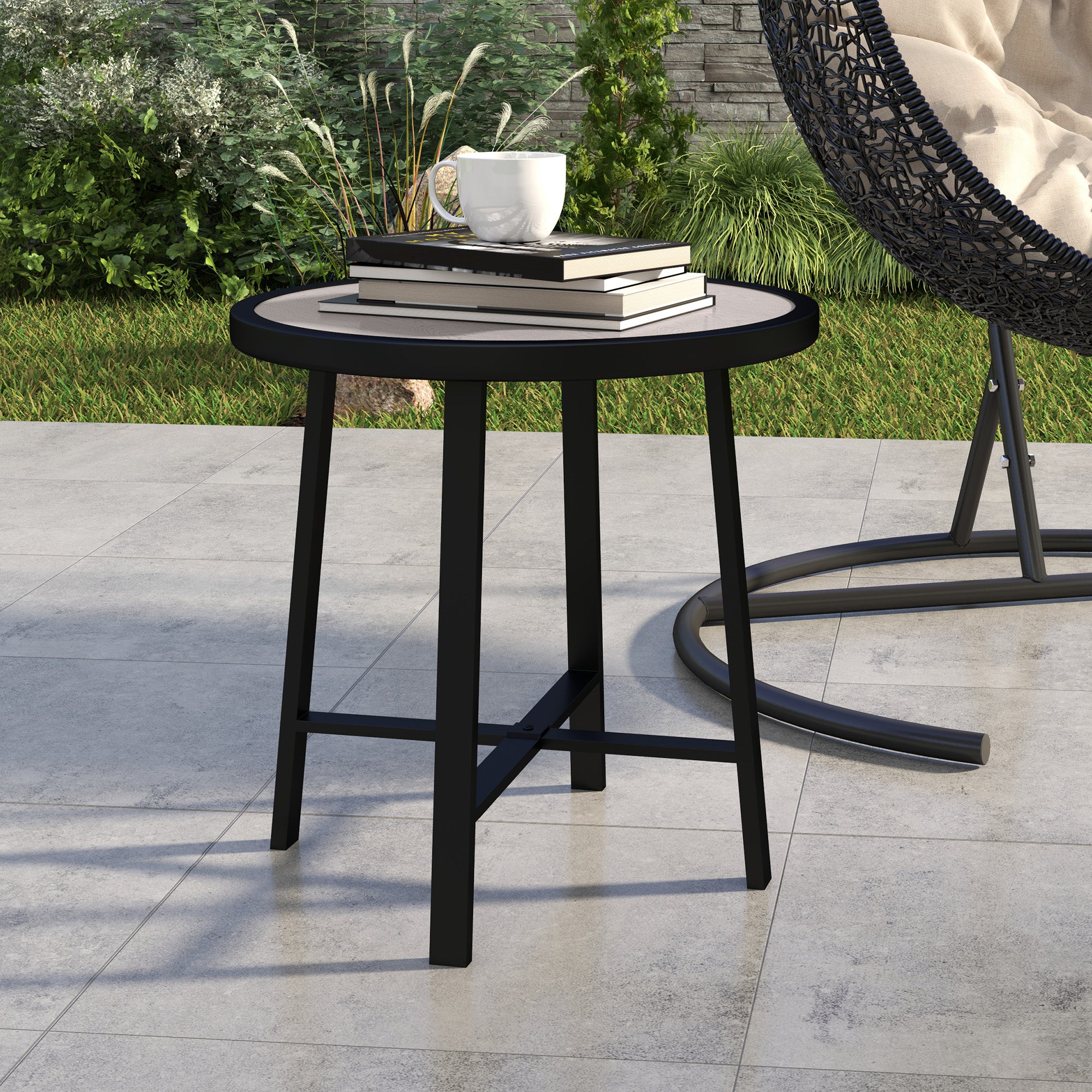 Outsunny Round Small Garden Table, 50.5cm Outdoor Side Table with SPC Tabletop, Metal Frame and Anti-slip Foot Pads for Garden, Balcony, Grey Wood Effect - North Peak Garden Furniture