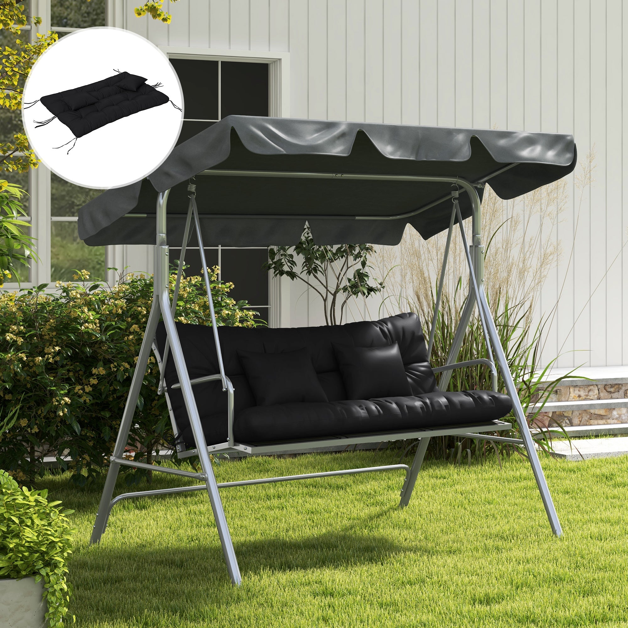 Outsunny Patio Chair Cushions: Cosy Quartet with Ties & Pillows, Backrest & Seat Set, Ebony Black | Aosom UK