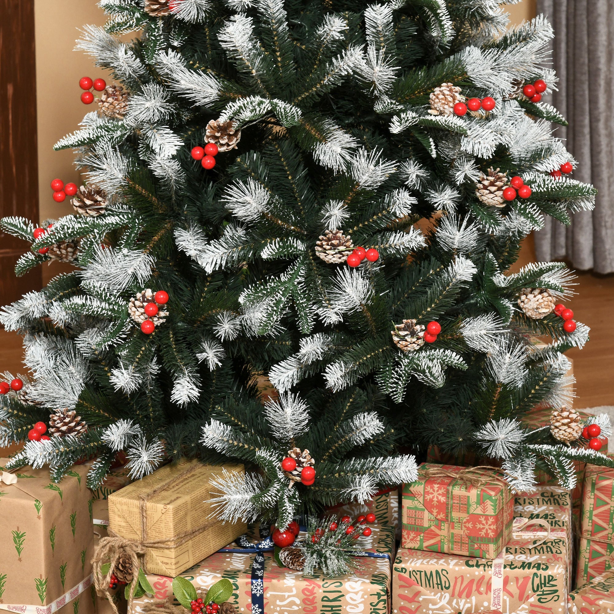 HOMCOM 6FT Artificial Snow Dipped Christmas Tree Xmas Pencil Tree Holiday Home Party Decoration with Foldable Feet Red Berries White Pinecones, Green - North Peak Garden Furniture