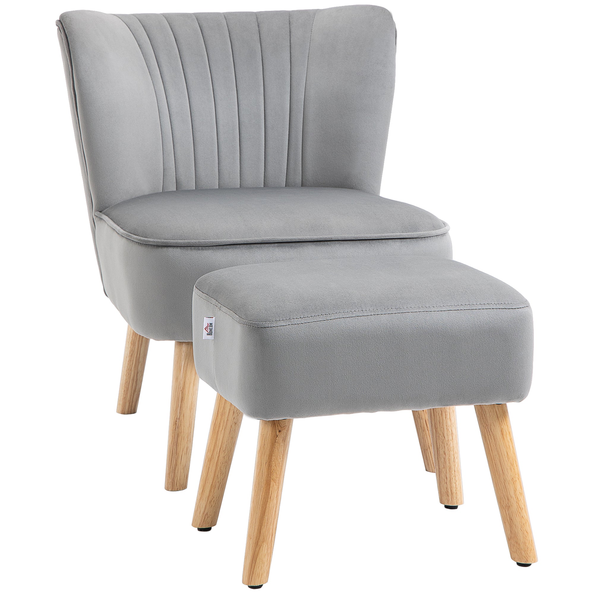 HOMCOM Velvet Accent Chair Occasional Tub Seat Padding Curved Back with Ottoman Wood Frame Legs Home Furniture Light Grey - North Peak Garden Furniture