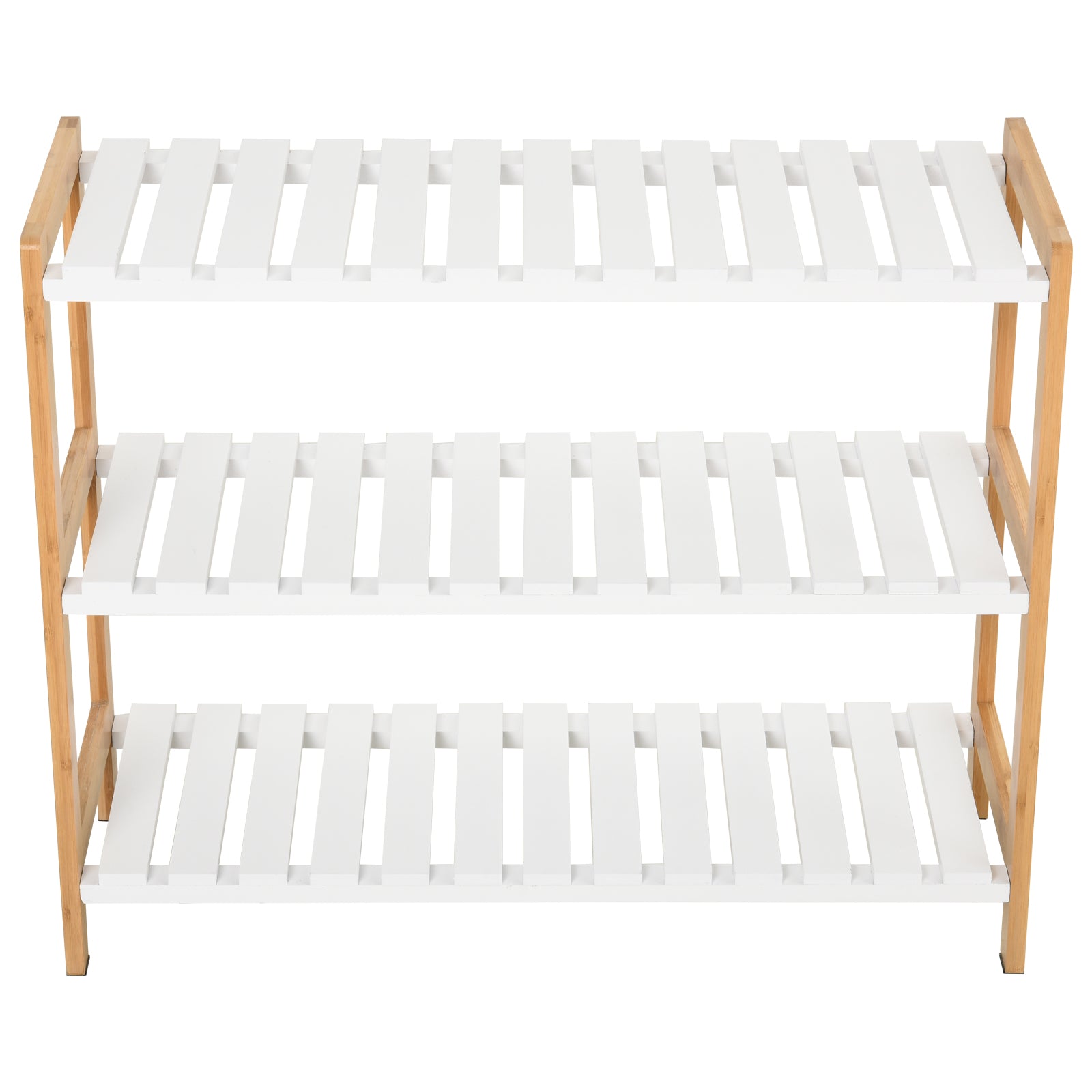 HOMCOM 3-Tier Shoe Rack Wood Frame Slatted Shelves Spacious Open Hygienic Storage Home Hallway Furniture Family Guests 70L x 26W x 57.5H cm - Natural - North Peak Garden Furniture