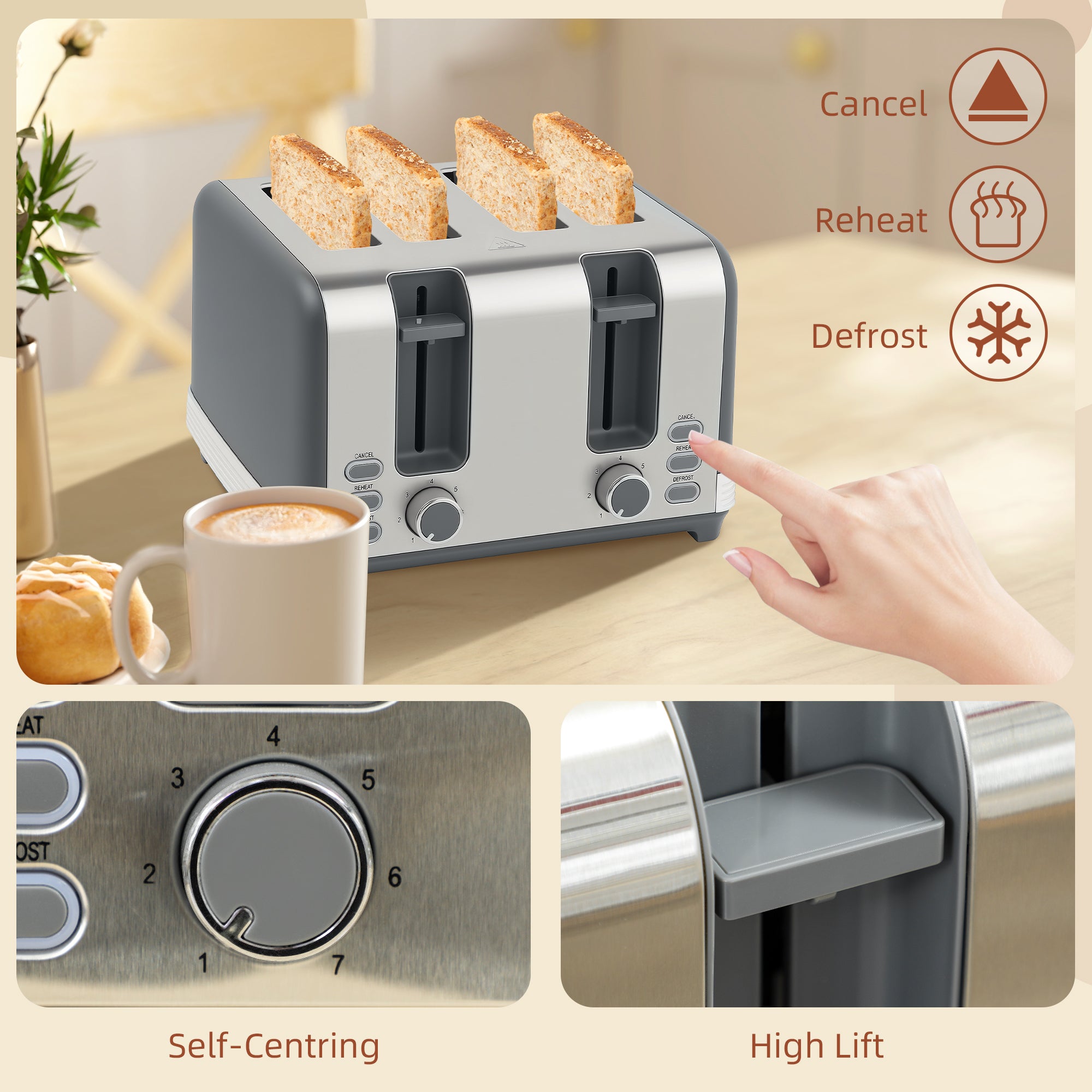 HOMCOM Stainless Steel Kettle and Toaster Set, 1.7L 3000W Rapid Boil Jug Kettle with UK Strix Thermostat, Limescale Filter, 4 Slice Toaster with 7 Browning Controls, Crumb Tray, Grey and Silver Tone