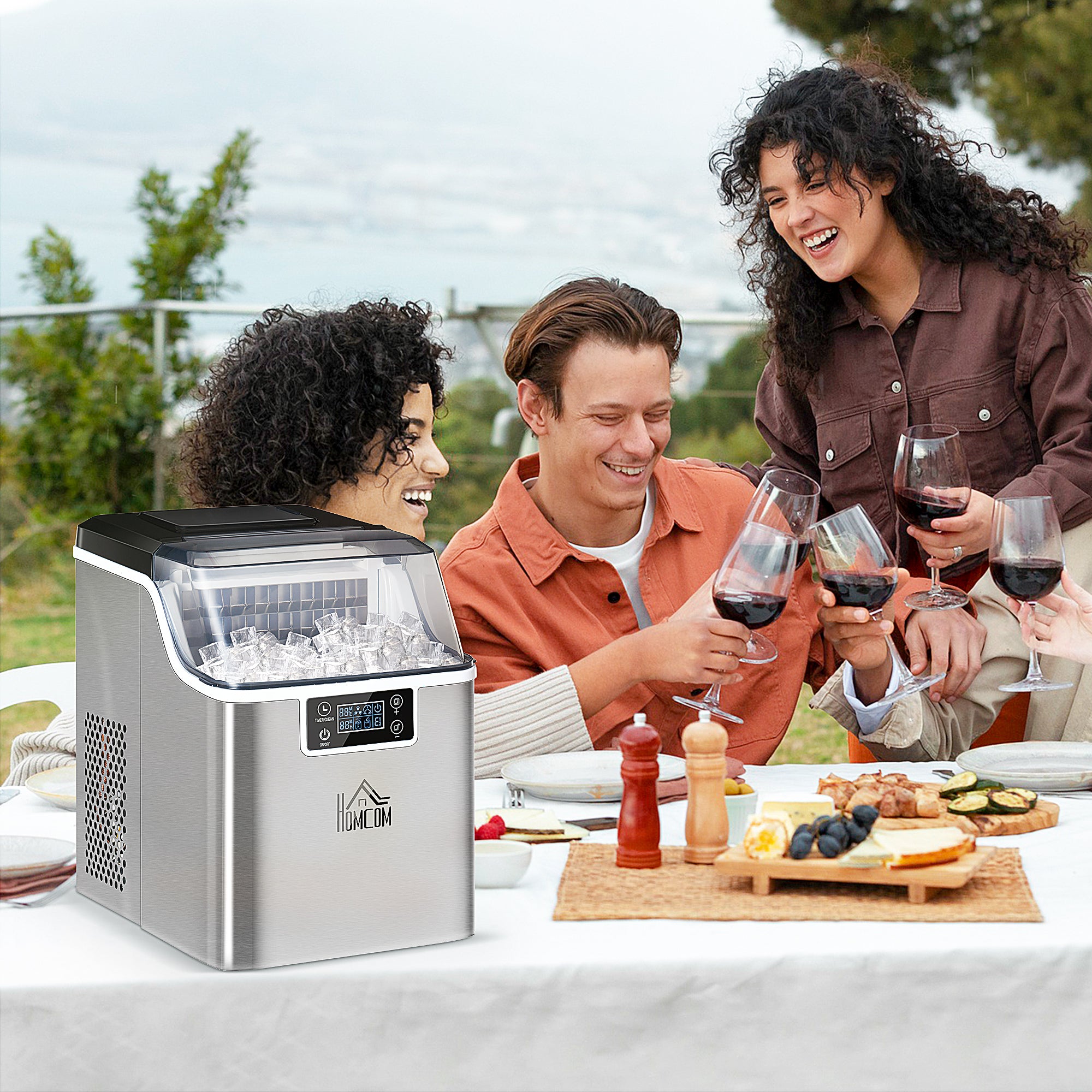 HOMCOM 3.2L Compact Ice Machine, with LCD Screen and Accessories - Silver-Tone - North Peak Garden Furniture