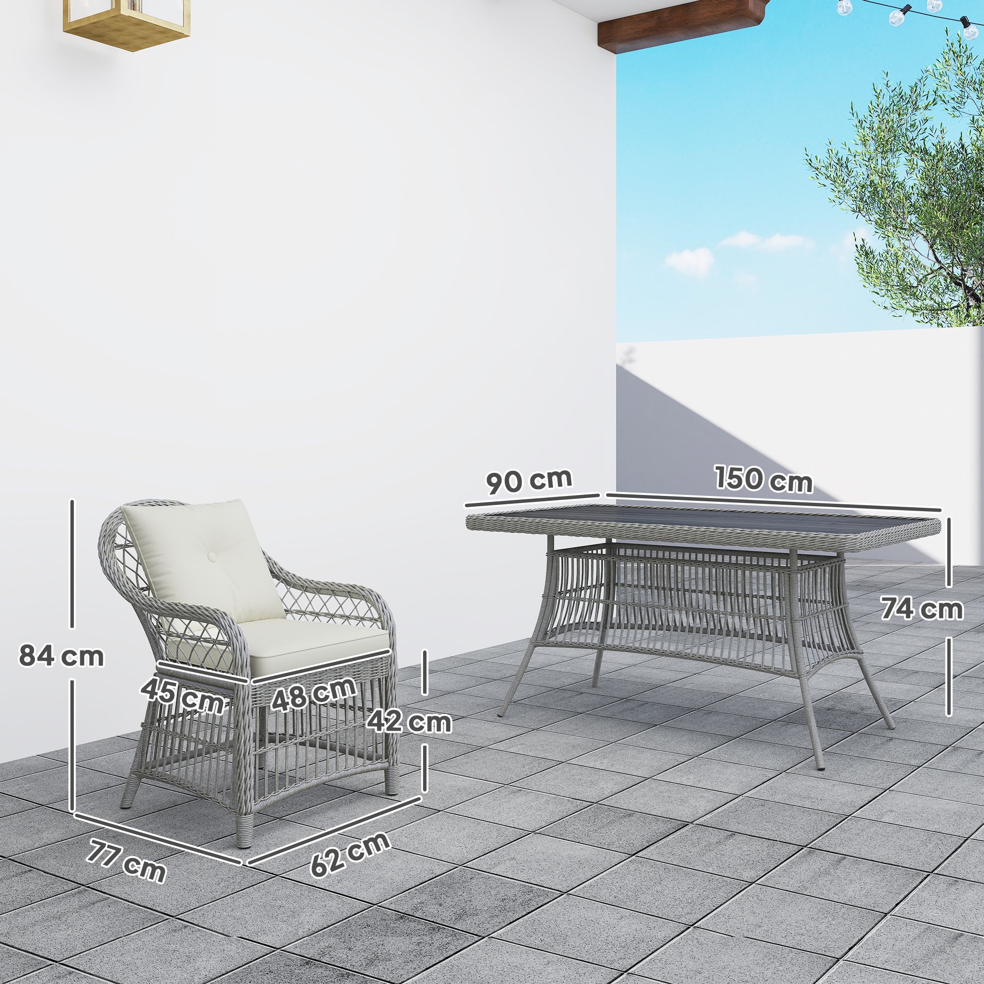Outsunny Rattan Dining Set with Seat and Back Cushions, 6 Seater Garden Furniture Set with Aluminium Frame, 6 Chairs, WPC Top Rectangle Table, Conservatory Wicker Patio Furniture, Grey - North Peak Garden Furniture