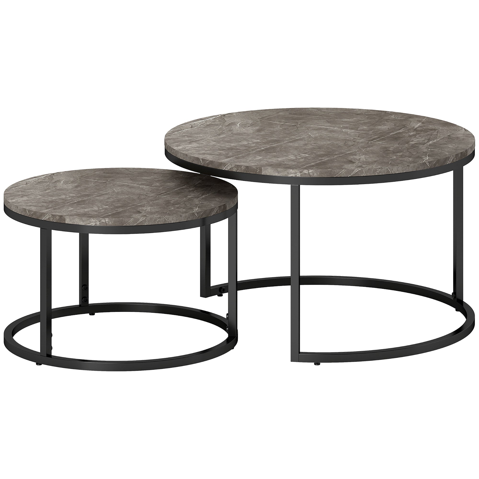 HOMCOM Industrial Nesting Coffee Table Set of 2, Round Coffee Tables, Living Room Table with Faux Marbled Top and Steel Frame - North Peak Garden Furniture