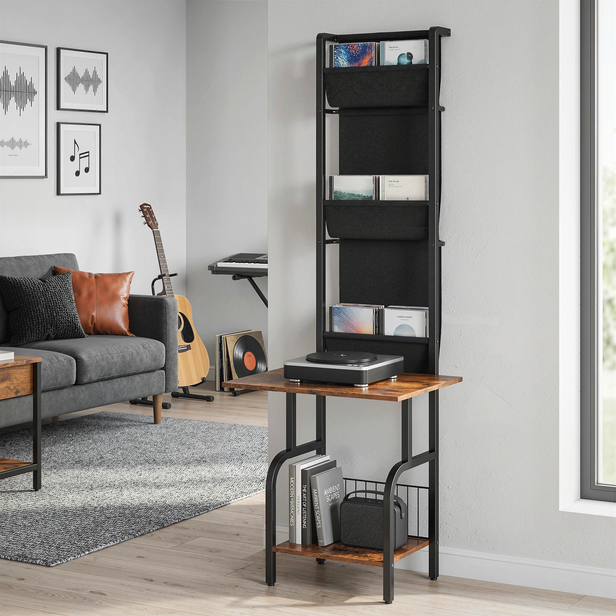 HOMCOM Vinyl Record Player Stand Record Storage with Player Stand Oxford Fabric Pockets Bottom Shelf Rustic Brown and Black