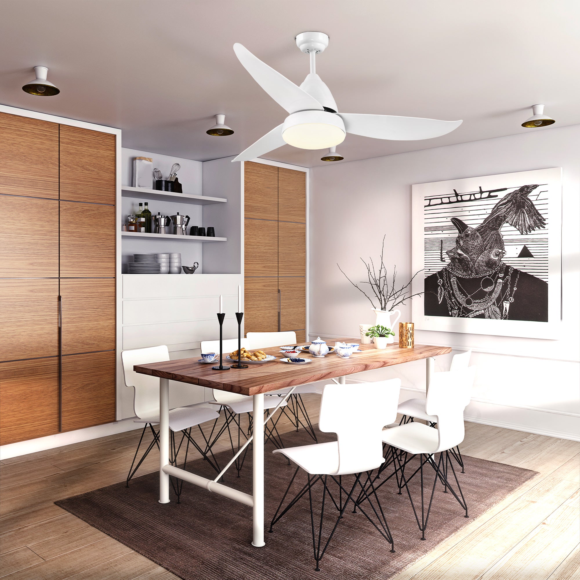 HOMCOM Reversible Ceiling Fan with Light, 3 Blades Indoor Modern Mount White LED Lighting Fan with Remote Controller, for Bedroom, Living Room, White - North Peak Garden Furniture