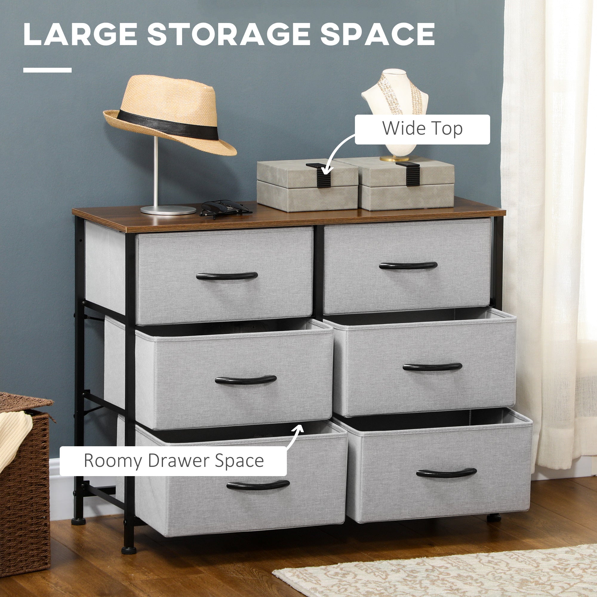 HOMCOM Fabric Chest of Drawers, Storage Drawers, Industrial Bedroom Dresser with 6 Fabric Drawers, Steel Frame and Wooden Top for Nursery, Living Room, Hallway, Grey - North Peak Garden Furniture