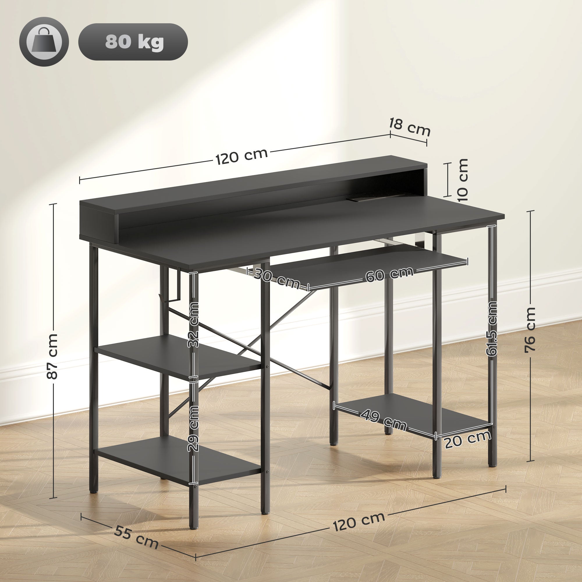 HOMCOM Reversible Computer Desk with LED Lights and Power Outlets, 120 x 55 cm Gaming Desk with Monitor Stand, Sliding Keyboard Tray and Storage Shelves, Industrial Home Office Desk, Black - North Peak Garden Furniture
