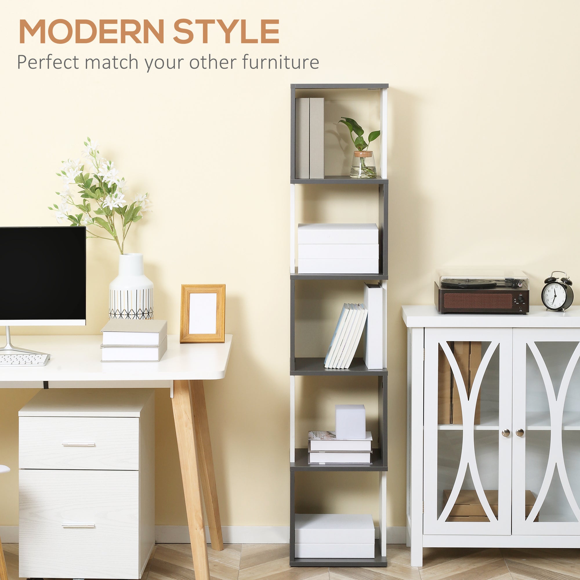 HOMCOM Modern 5-Tier Bookshelf, Freestanding Bookcase Storage Shelving for Living Room Home Office Study, White and Dark Grey - North Peak Garden Furniture