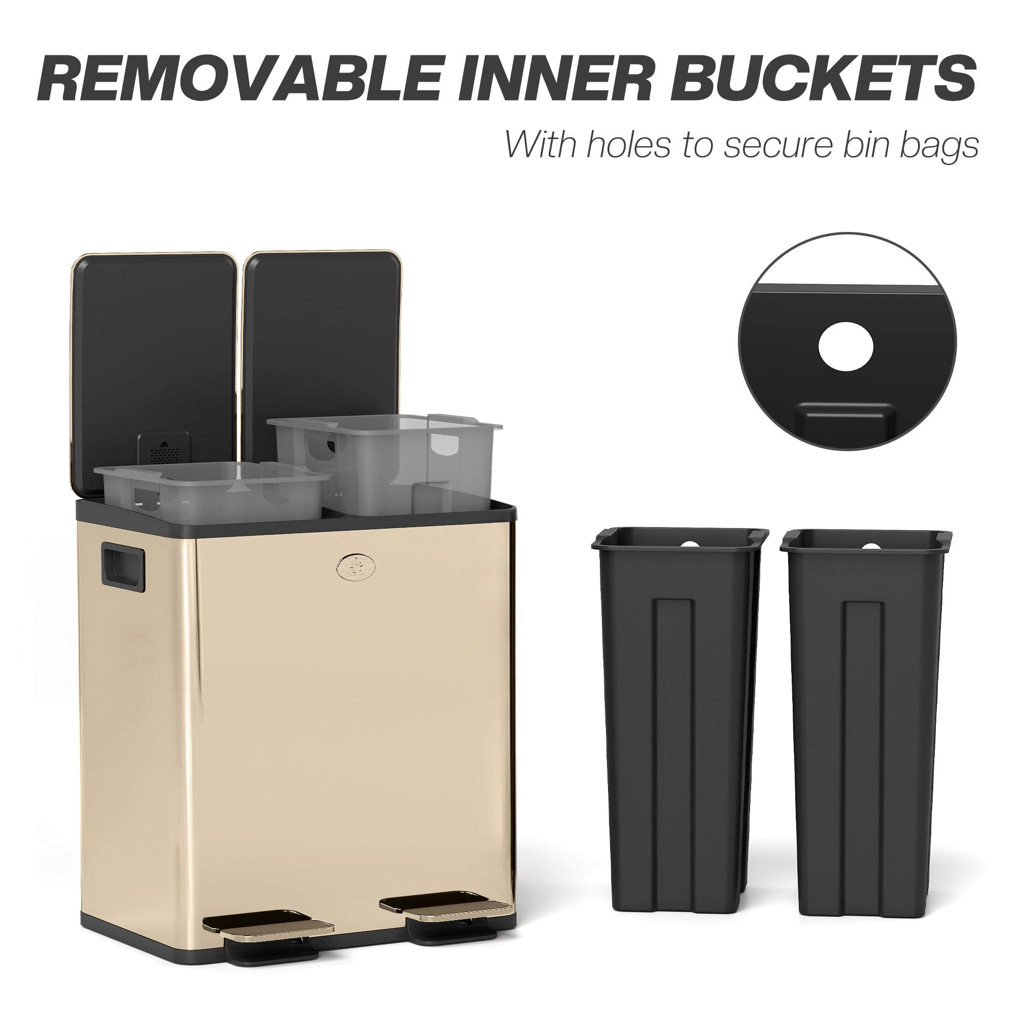 HOMCOM 40L Dual Compartment Stainless Steel Bin, with Deodoriser Holders - Gold Tone - North Peak Garden Furniture