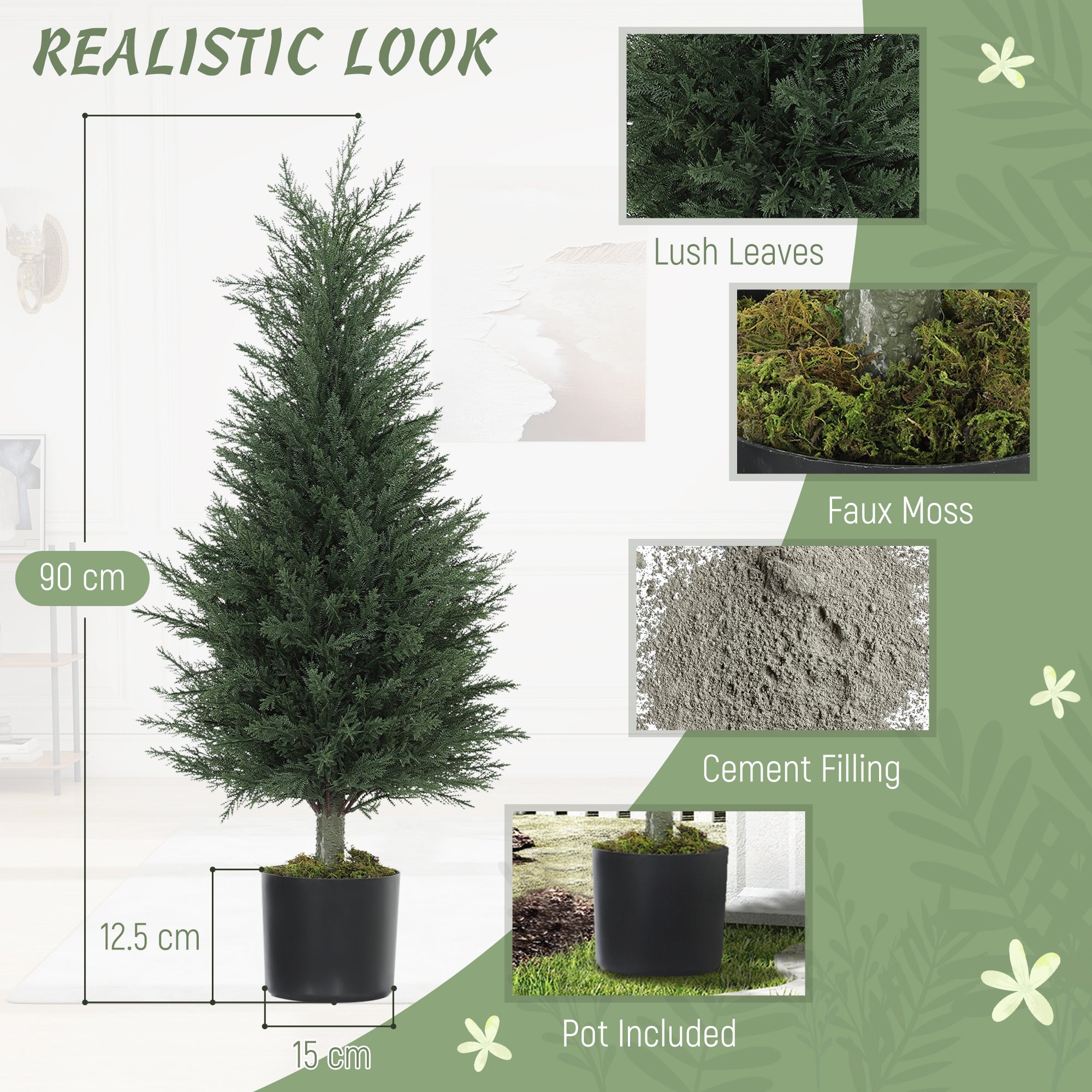 HOMCOM Set of 2 Decorative Artificial Plant, 90 cm Cypress Tree with 362 Leaves in Pot, UV-Resistant Plastic Fake Tree for Indoor Outdoor Home Office - North Peak Garden Furniture