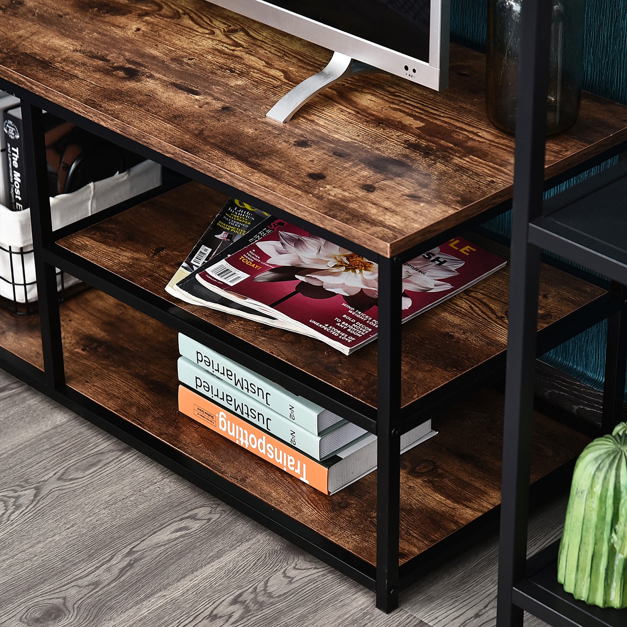 HOMCOM TV Unit for 55 inch TVs, Industrial TV Table with 2 Storage Shelves and Metal Frame, Entertainment Unit For living Room, Rustic Brown - North Peak Garden Furniture