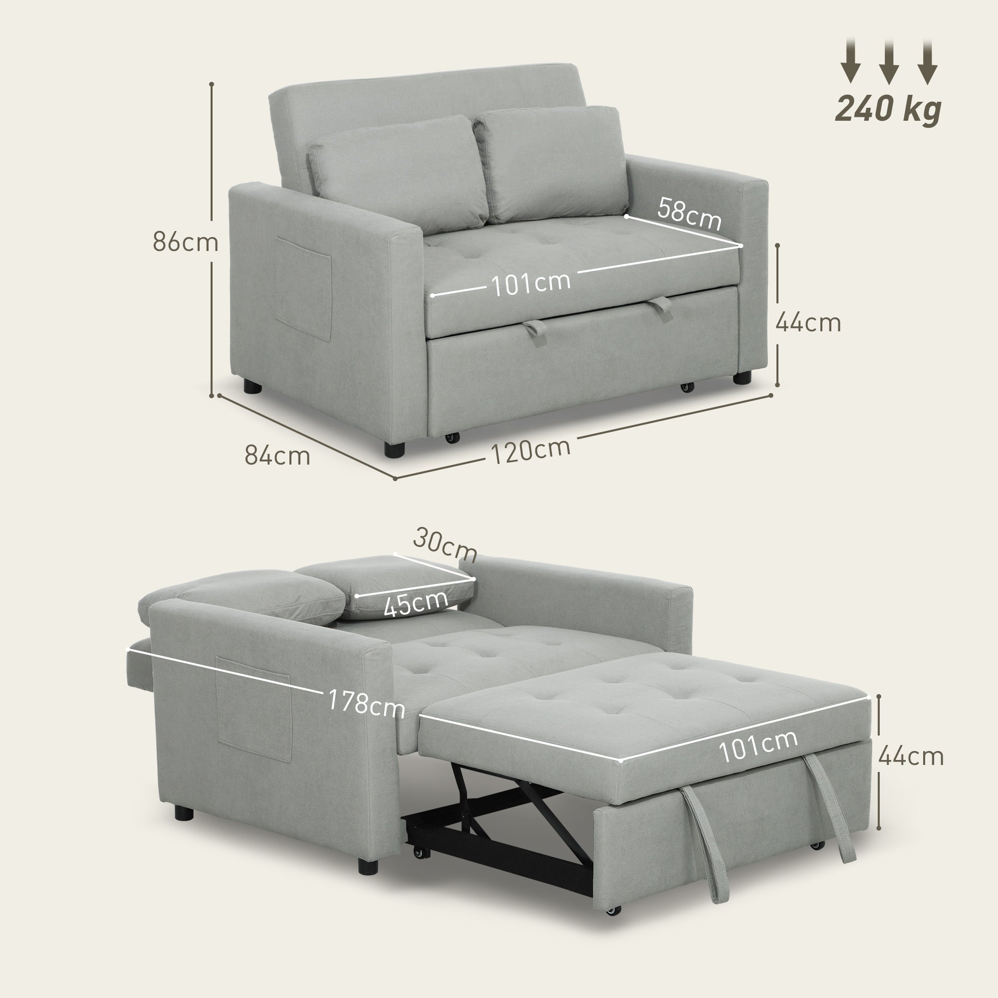 HOMCOM Velvet-Feel Two-Seater Sofa Bed - Light Grey - North Peak Garden Furniture