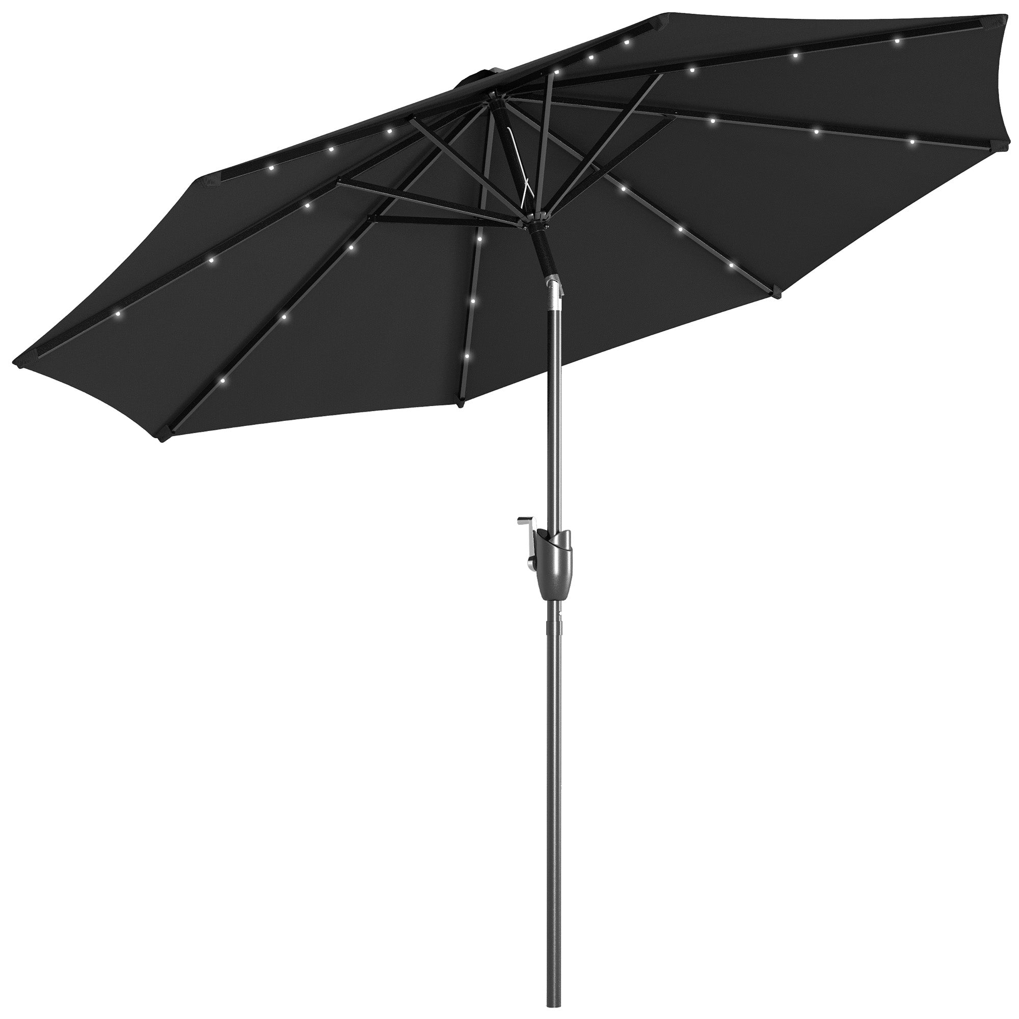 Outsunny Φ2.7m Garden Parasol Solar Outdoor Tilt Sun Umbrella Patio Sun Shade w/ 24 LED Light, Hand Crank and 8 Ribs, Black