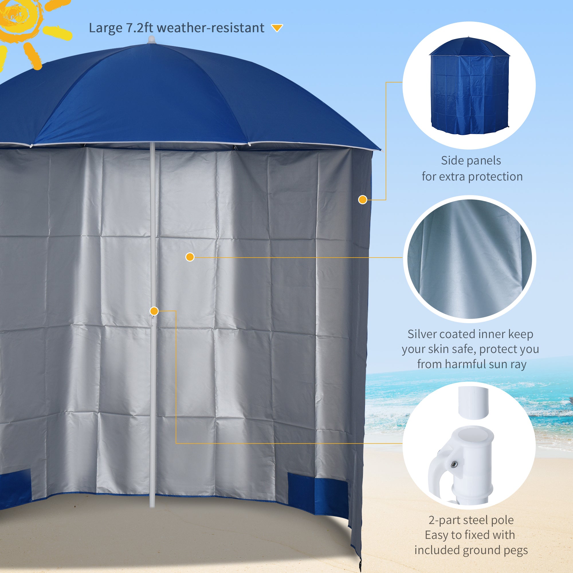 Outsunny 88" Arc 2.2M Fishing Umbrella Beach Parasol with Sides Brolly Shelter Canopy Shade with FREE Carry Bag Blue