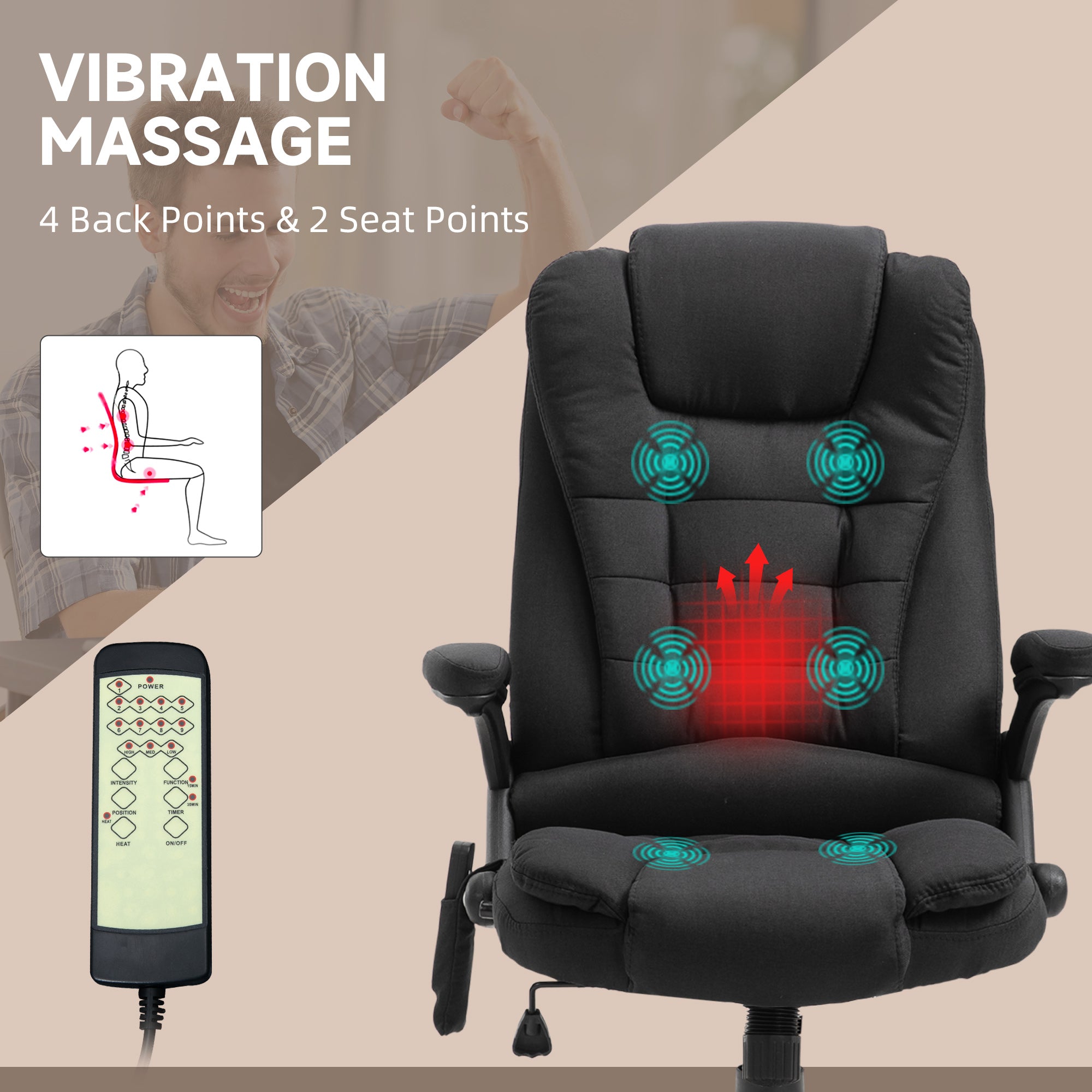 Vinsetto Massage Recliner Chair Heated Office Chair with Six Massage Points Linen-Feel Fabric 360° Swivel Wheels Black - North Peak Garden Furniture