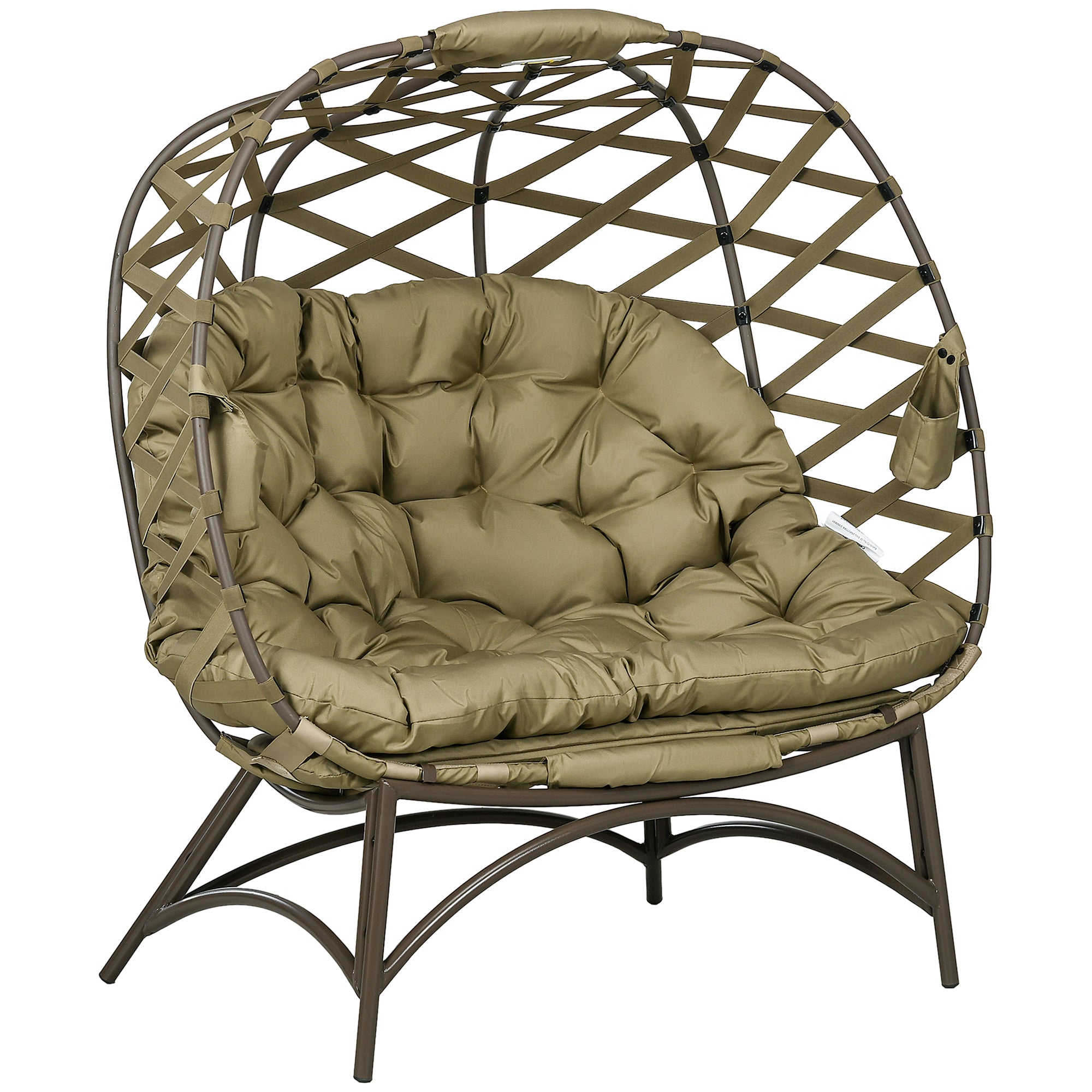 Outsunny 2 Seater Egg Chair Outdoor, Folding Weave Garden Furniture Chair with Cushion, Cup Pockets - Khaki - North Peak Garden Furniture