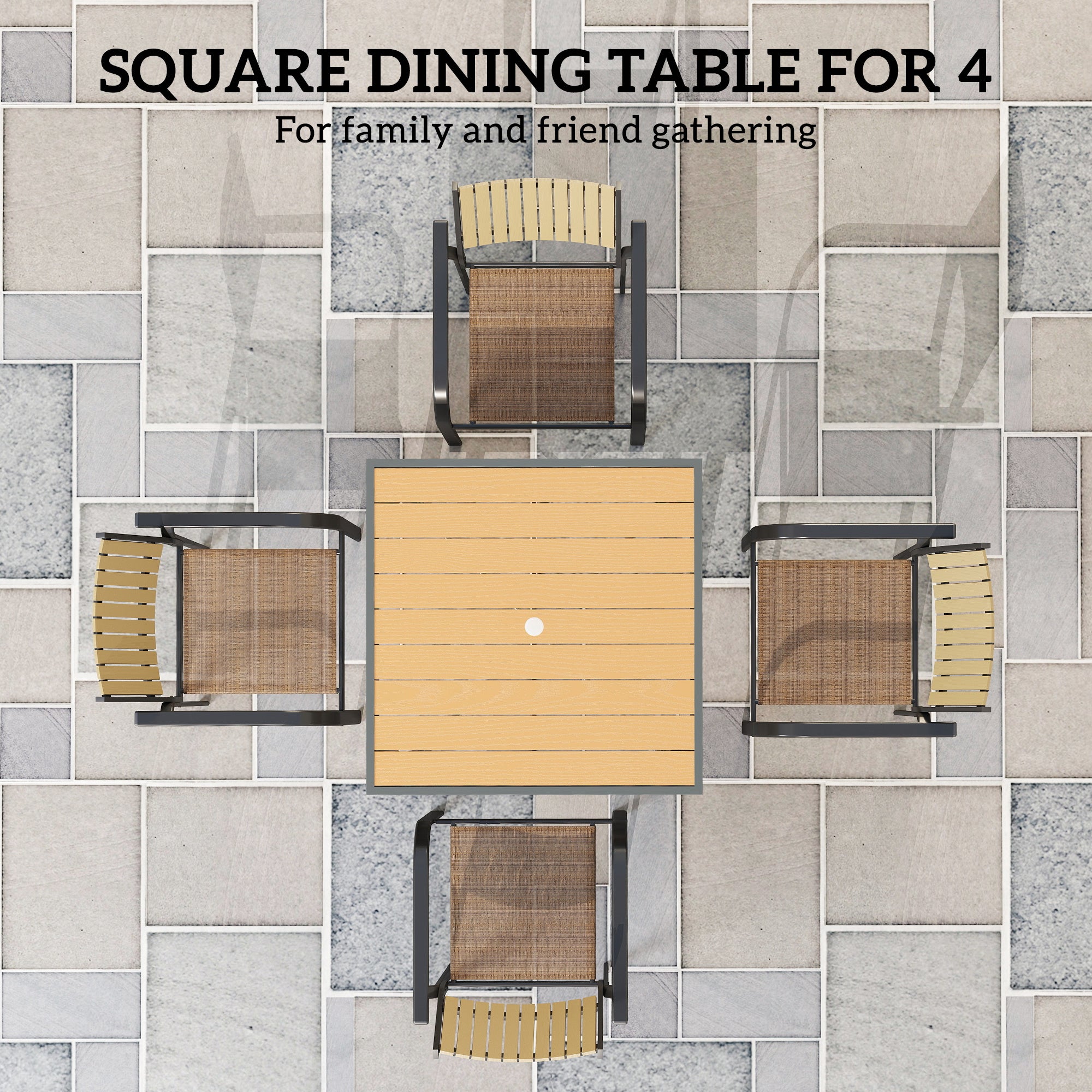 Outsunny Garden Table, 90cm Square Outdoor Patio Dining Table with 4.2 cm Umbrella Hole, Metal Frame, Wood Effect Top, for Terrace, Balcony, Natural Wood Finish - North Peak Garden Furniture