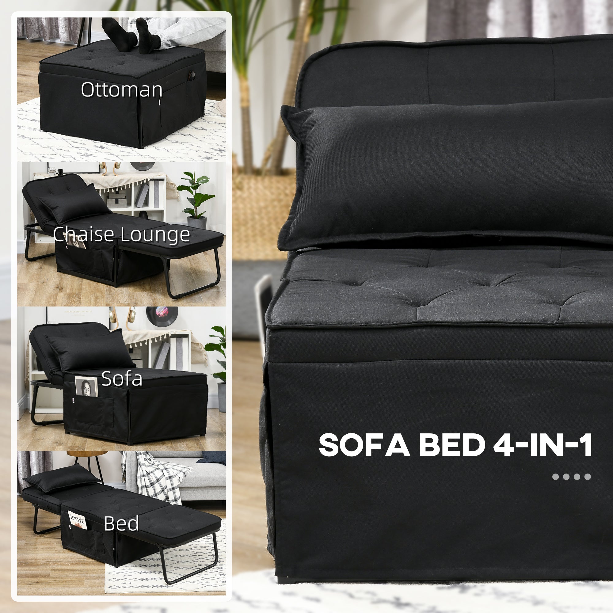 HOMCOM Fabric Sleeper Chair, Folding Chair Bed with Adjustable Backrest, Pillow, Side Pockets for Living Room, Black - North Peak Garden Furniture