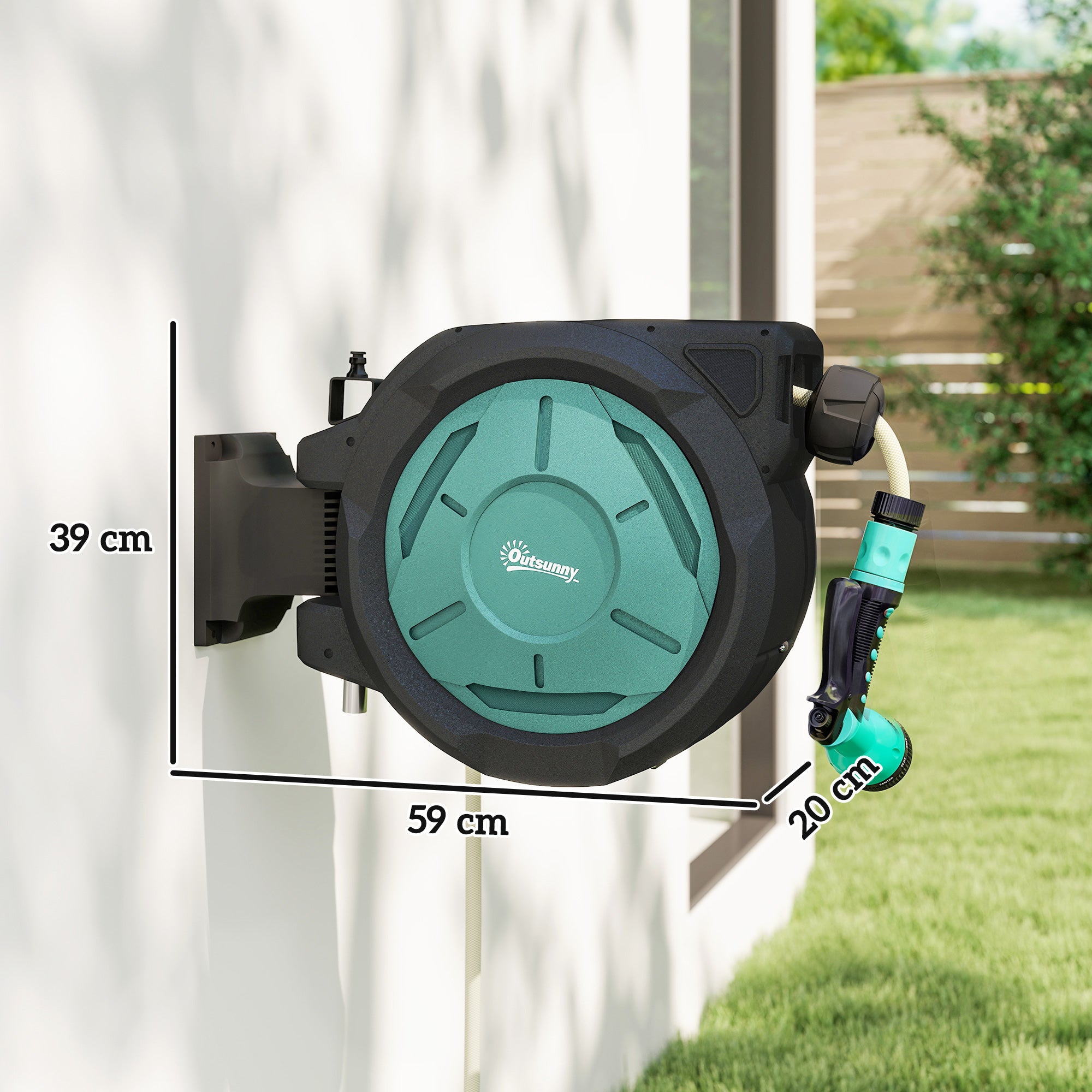 Outsunny Retractable Hose Reel Wall Mounted, 20+2m Garden Hose Pipe Reel with Lock, Auto Rewind, 7 in 1 Spray Nozzle, Includes Wall Fixings, 180° Swivel, Outdoor Watering, 59 x 20 x 39 cm, Black
