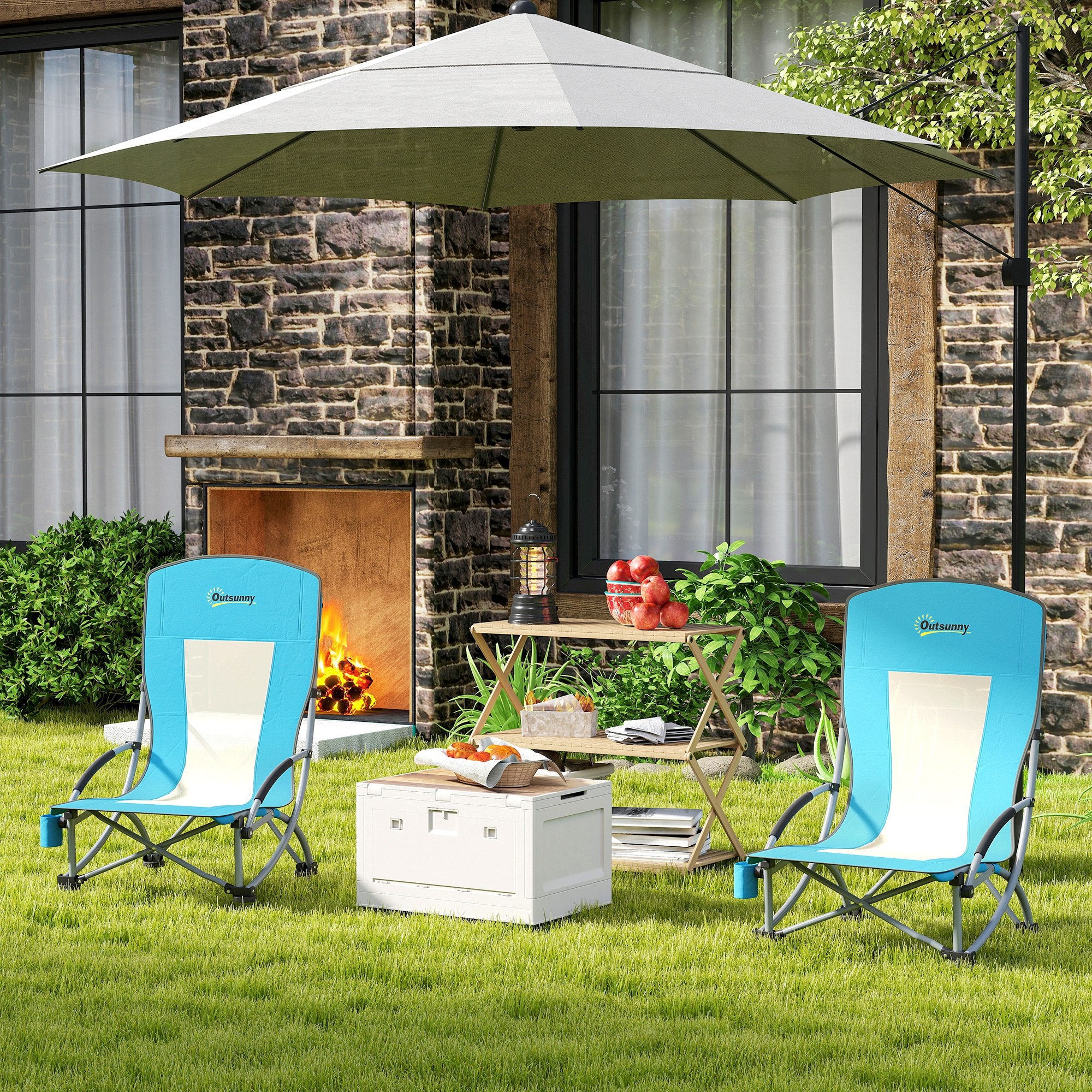 Outsunny Set of 2 Folding Beach Chair, Low Camping Chair with Mesh Back, Carry Bag and Cup Holder for Garden Outdoor Picnic Festival Travel, Blue - North Peak Garden Furniture
