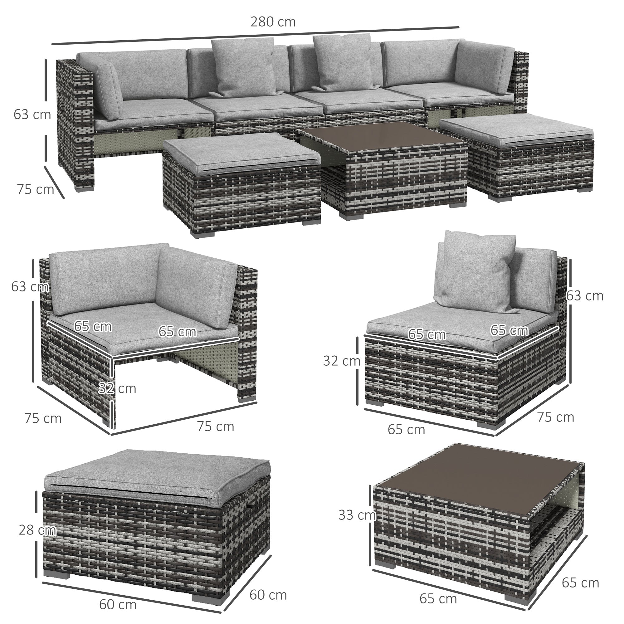 Outsunny Seven-Piece Rattan Patio Furniture Set, with Cushions - Grey - North Peak Garden Furniture