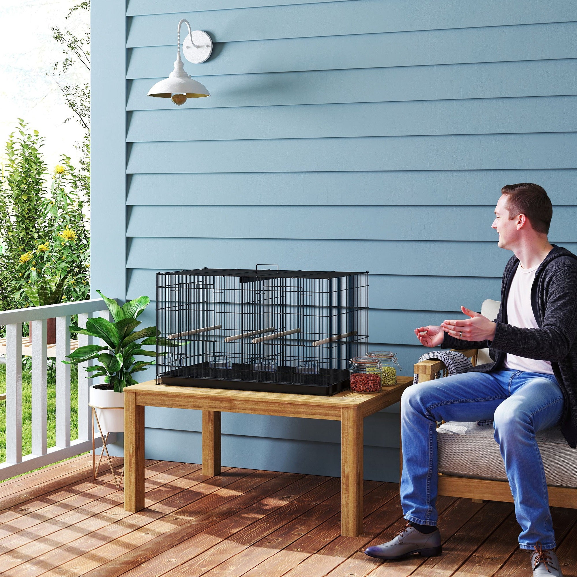 PawHut Bird Cage with Divider, 4 Wooden Perches, Slide Out Tray, 4 Feeders, for Budgie, Lovebird, Canary, 76 x 46 x 46cm, Black - North Peak Garden Furniture