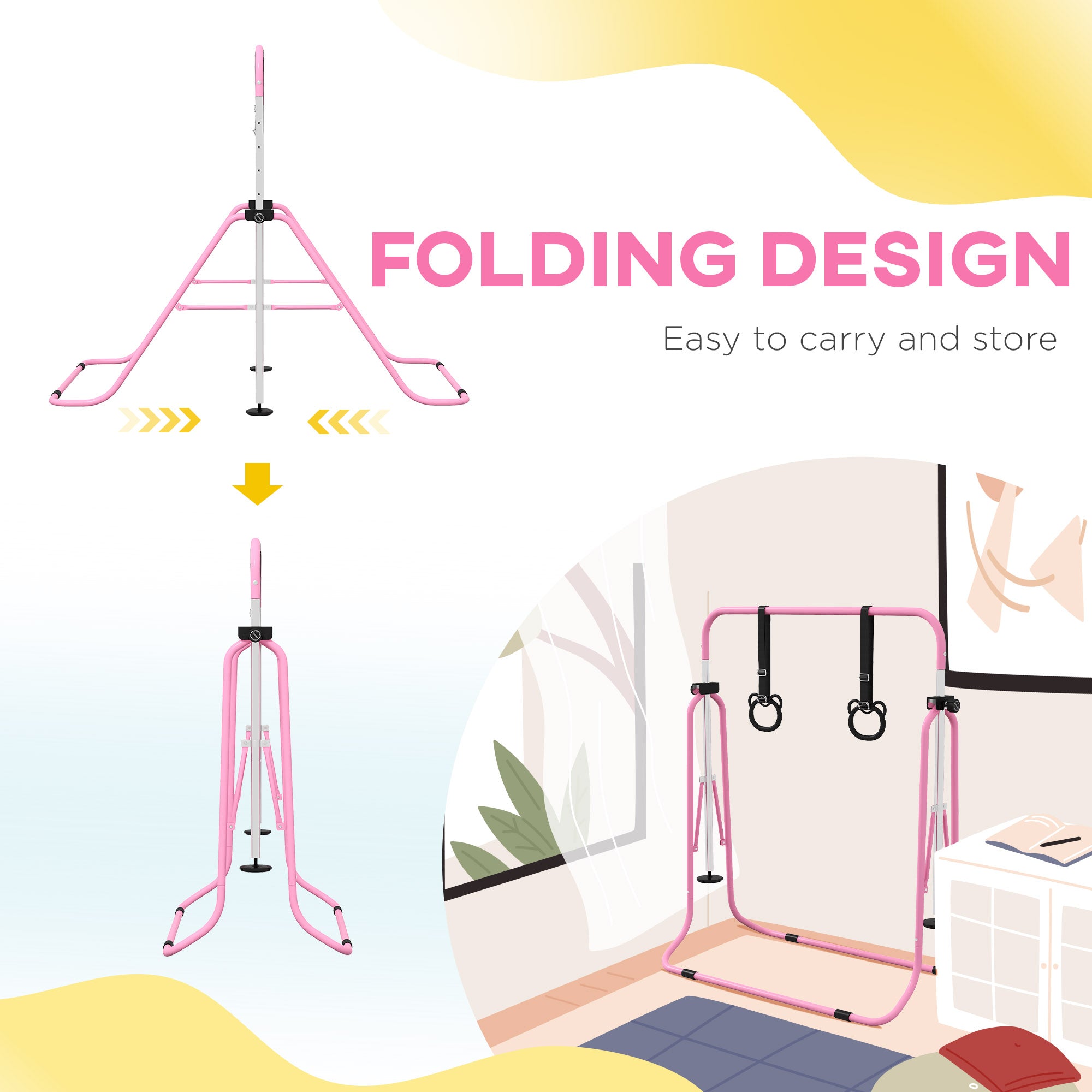 HOMCOM Adjustable Height, Foldable Kids Gymnastics Bar w/ Non-Slip Mats, for 3+ Years, Pink - North Peak Garden Furniture