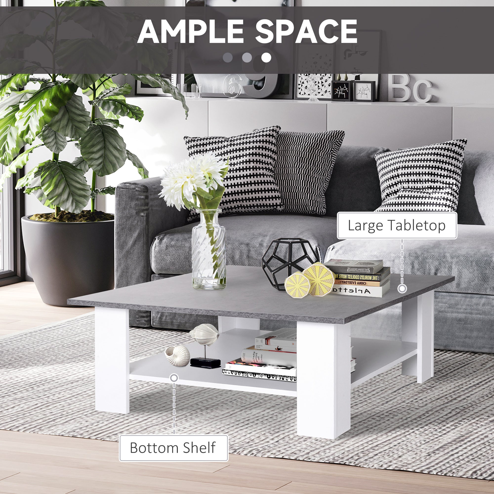 HOMCOM Square Coffee Table, Wooden Coffee Table with Storage, Cocktail Center Tea Table for Home Office, 80W x 80D x 31.5Hcm, Grey and White - North Peak Garden Furniture