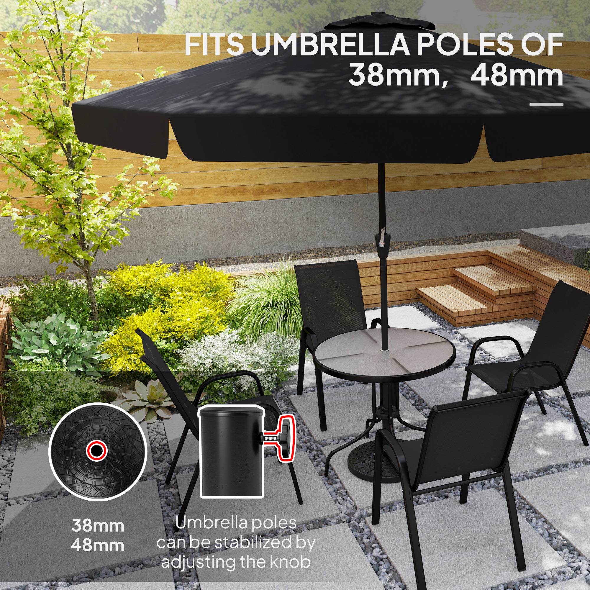 Outsunny 12kg Garden Parasol Base, Round Resin Garden Umbrella Base, Heavy Duty Parasol Stand for 38mm or 48mm Outdoor Umbrella Poles, Black - North Peak Garden Furniture