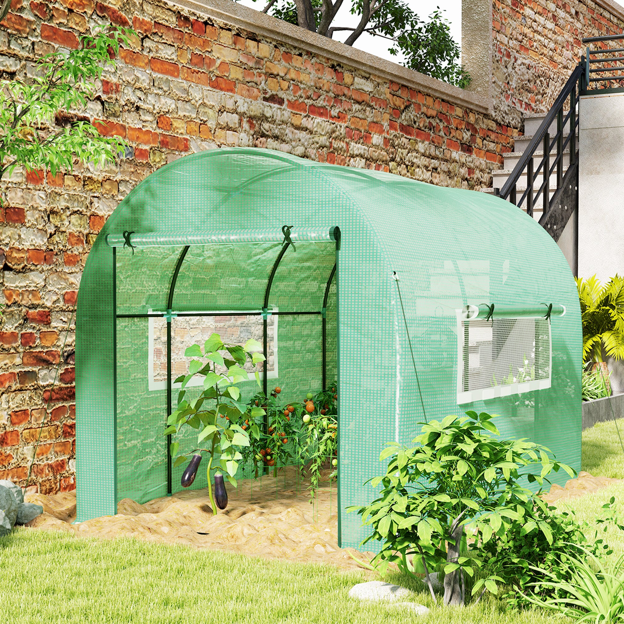 Outsunny 300 x 200cm Walk-In Polytunnel Greenhouse - Green - North Peak Garden Furniture