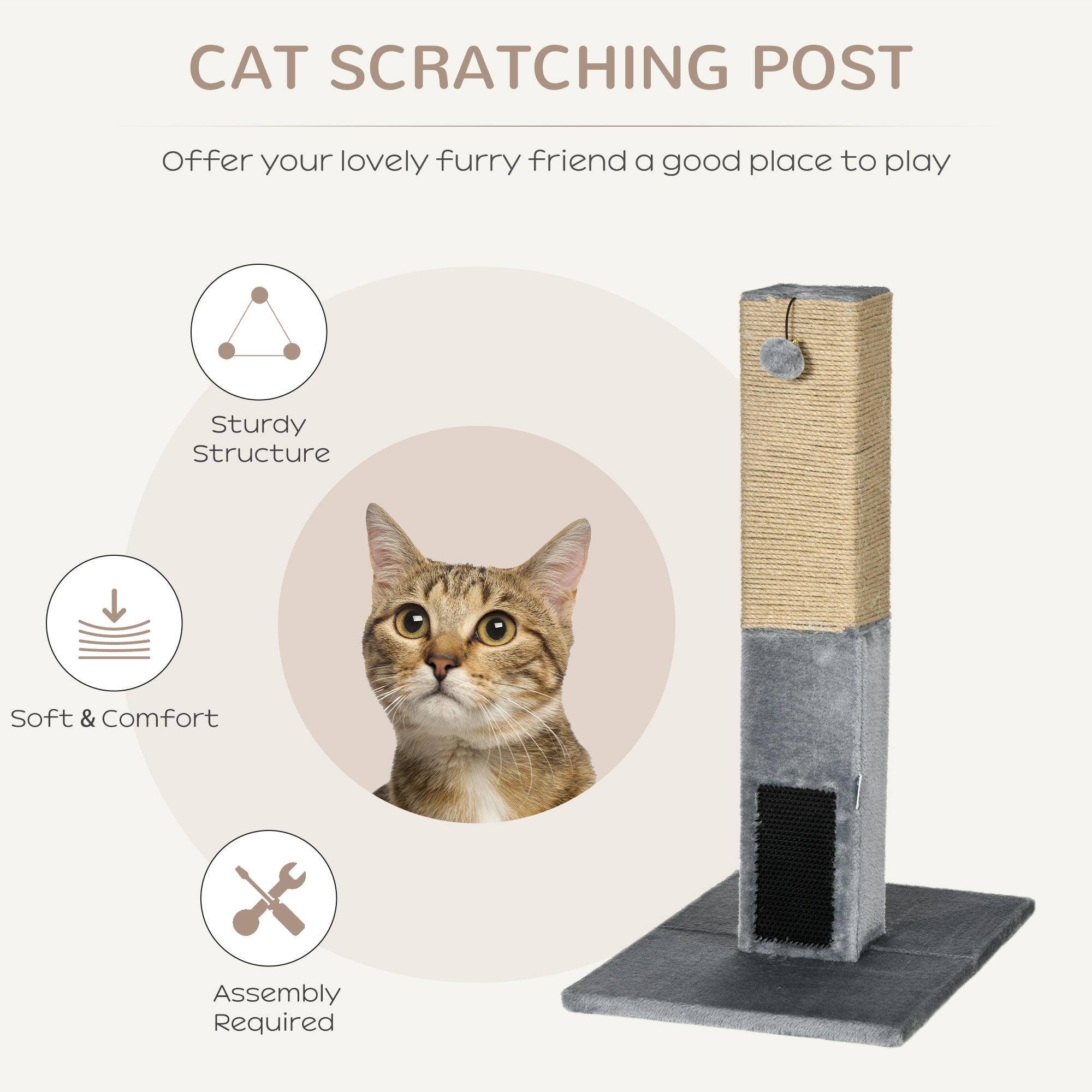 PawHut Cat Tree Scratching Post for Indoor Cats 79cm Jute Scratcher Climber w/ Carpet Base Dangling Toy – Grey - North Peak Garden Furniture