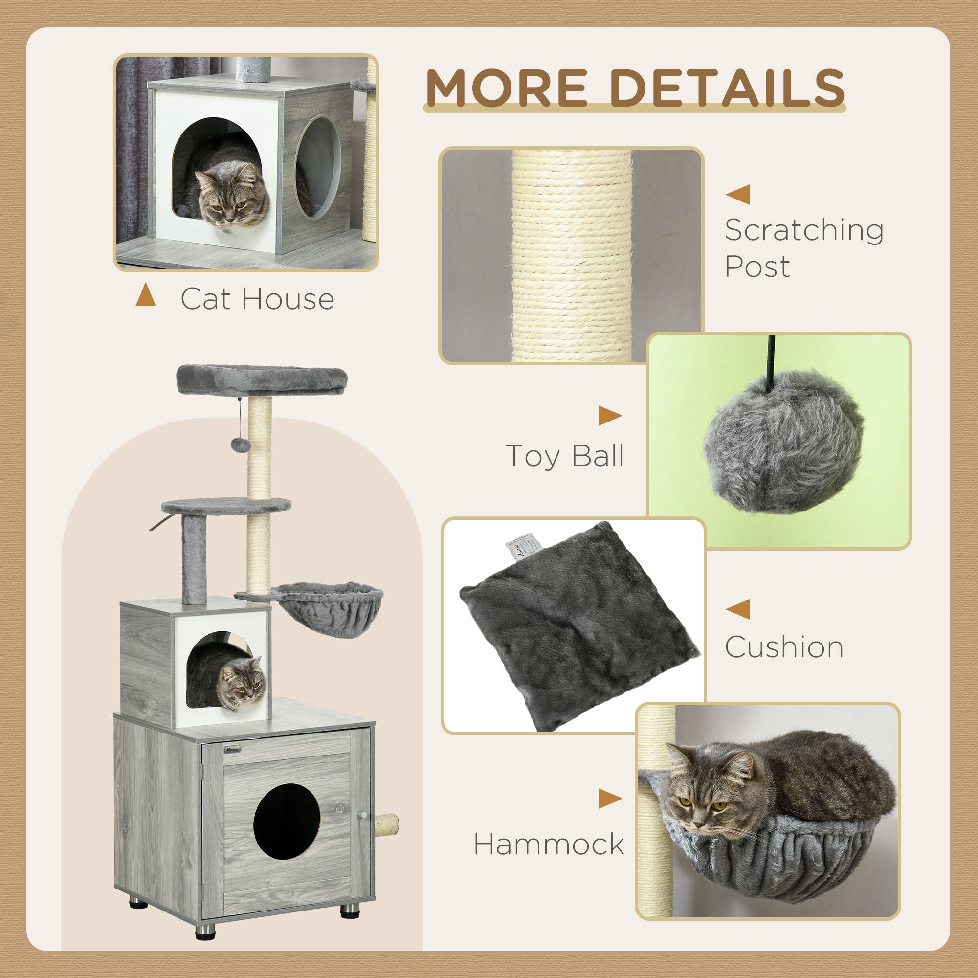PawHut Enclosed Cat Litter Box with Cat House, Cat Bed, Scratching Posts, Platforms, for Indoor Cats - Grey - North Peak Garden Furniture