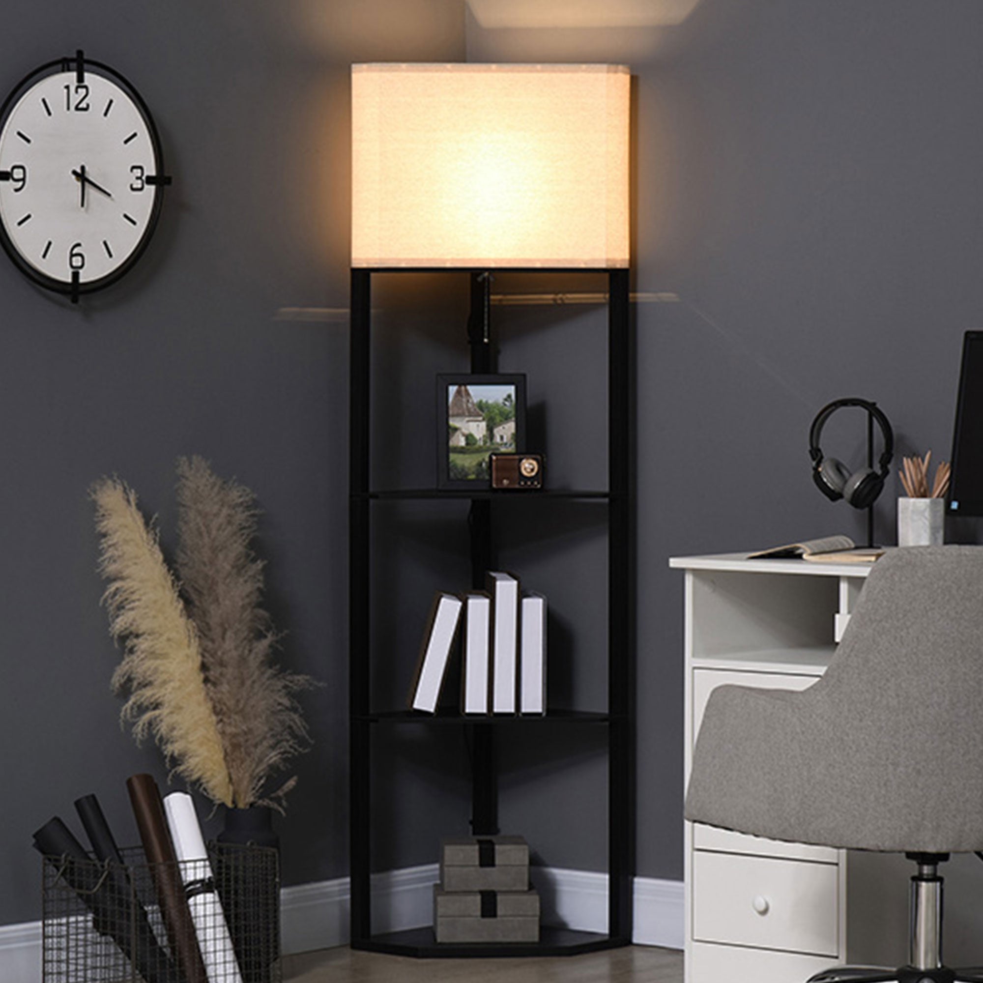 HOMCOM Corner Floor Lamp with Shelves, Modern Tall Standing Lamps for Living Room, Bedroom, with Chain Switch Bulb not Included, Black