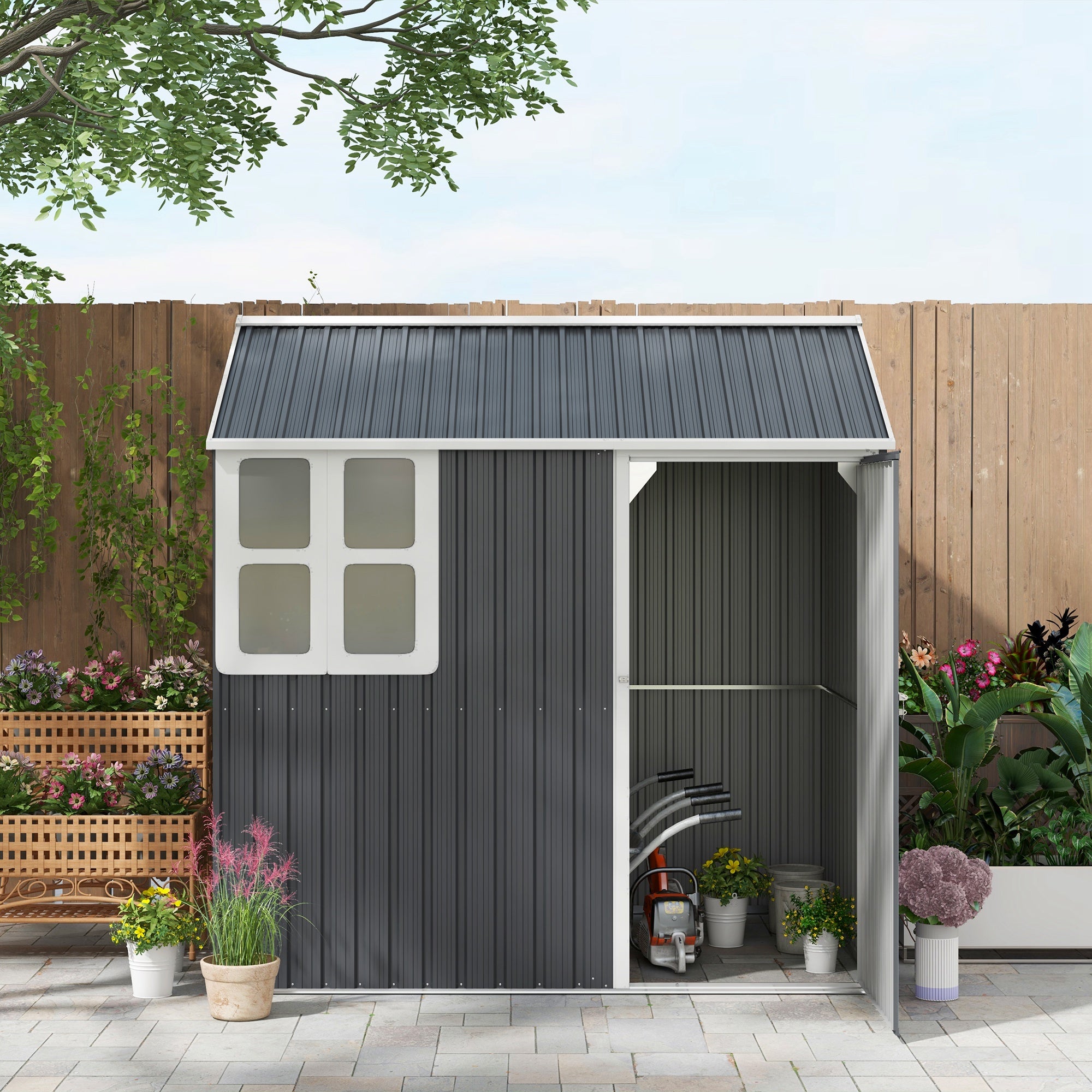 Outsunny 7 x 6ft Galvanised Garden Shed, with Latch - Dark Grey - North Peak Garden Furniture
