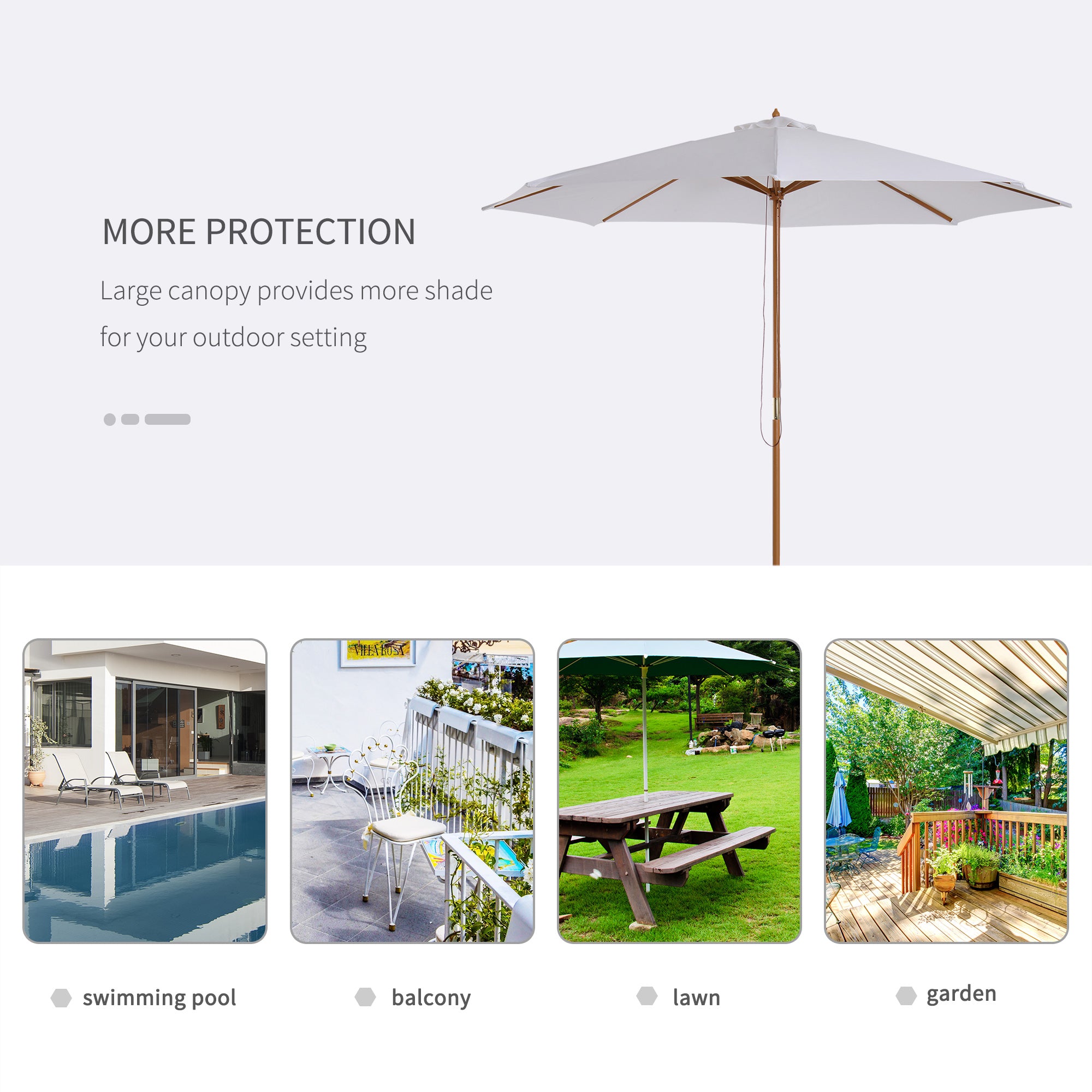 Outsunny 3(m) Garden Parasol, Pulley Operated Patio Umbrella, Wooden Table Market Umbrella with Rope Pulley Mechanism and 8 Ribs, Cream White - North Peak Garden Furniture