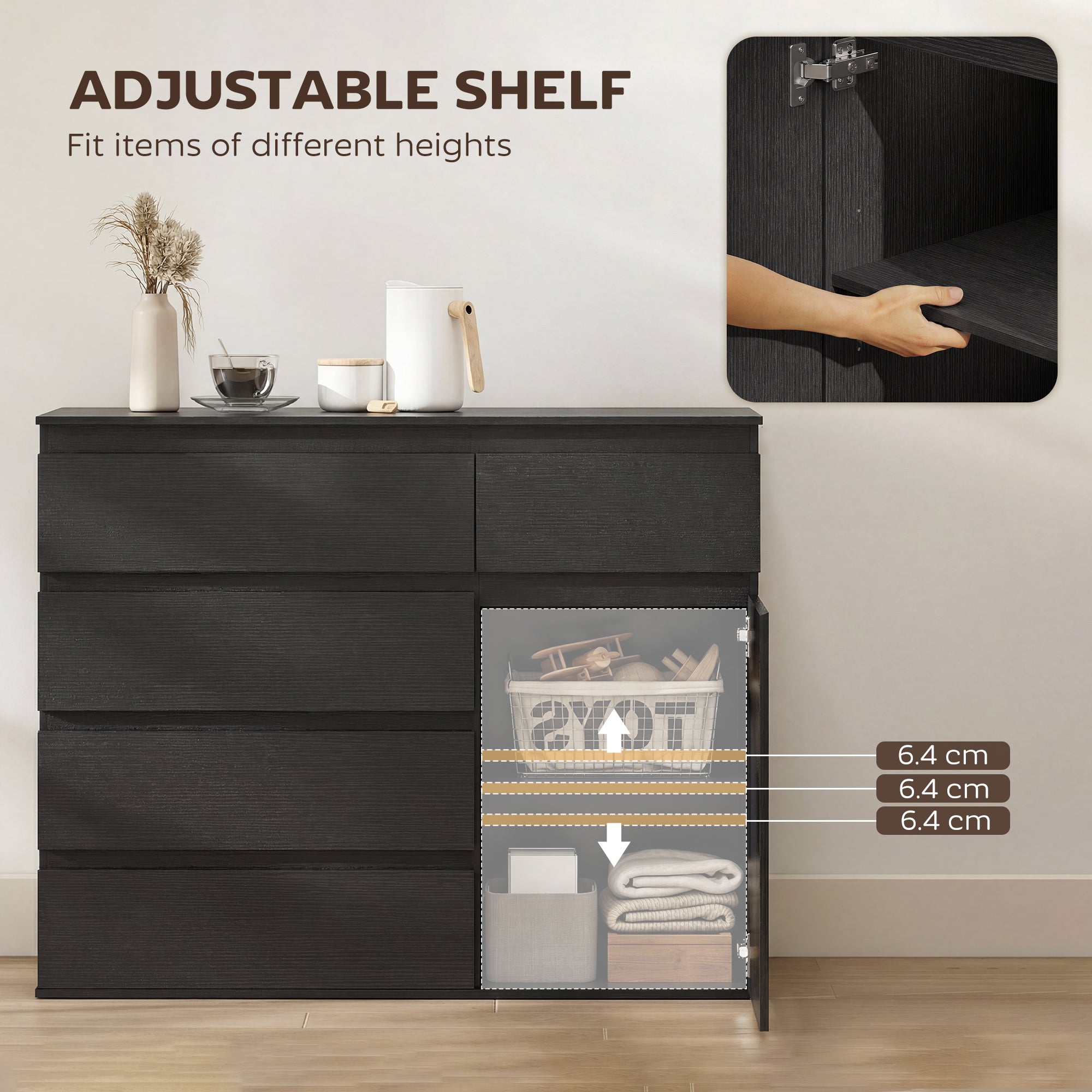 HOMCOM Modern Sideboard, Sideboard Storage Cabinet with 5 Drawers, Adjustable Shelf, Soft-Close Door, Black