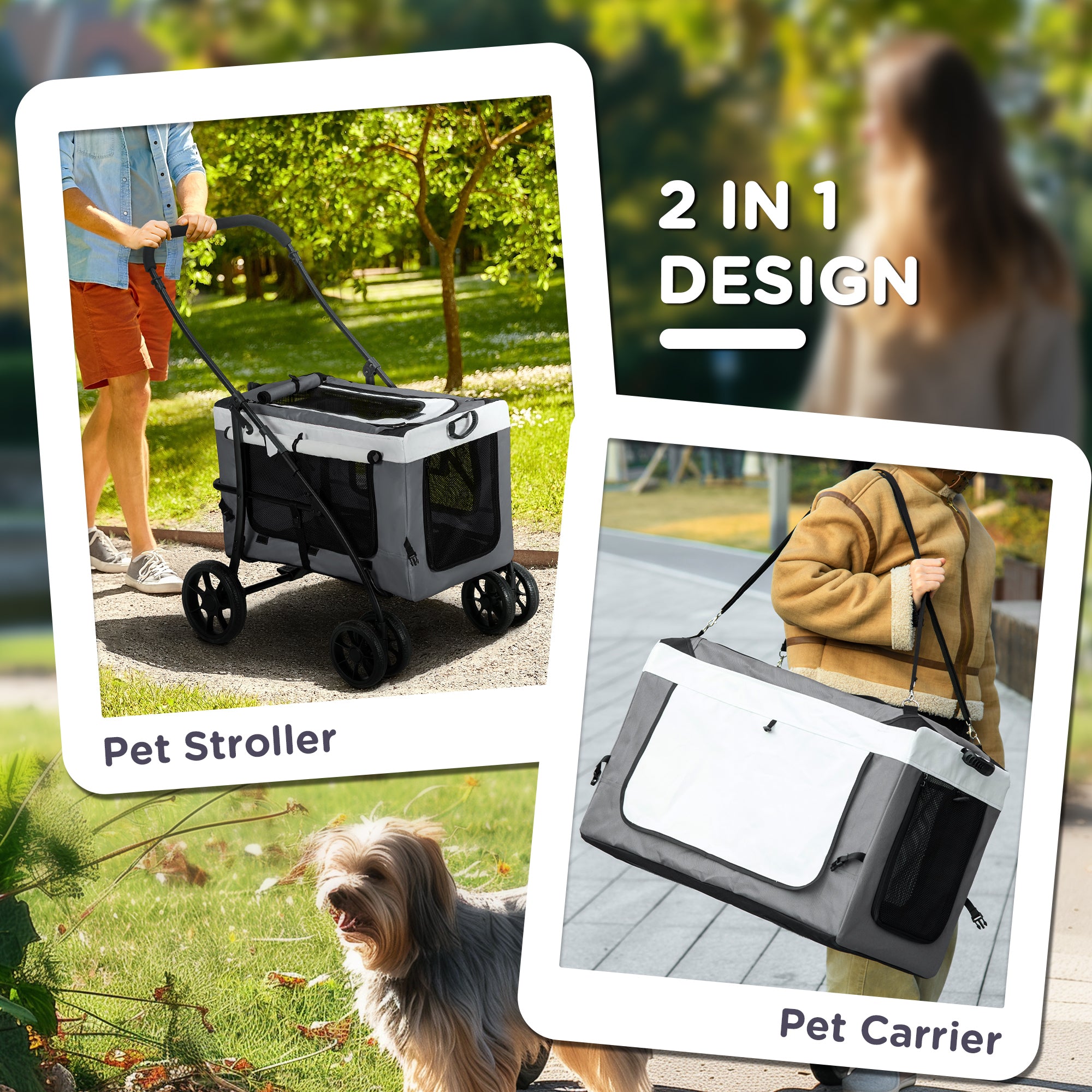 PawHut Foldable Dog Stroller, Pet Travel Crate, with Detachable Carrier, Soft Padding, for Mini, Small Dogs - Grey - North Peak Garden Furniture