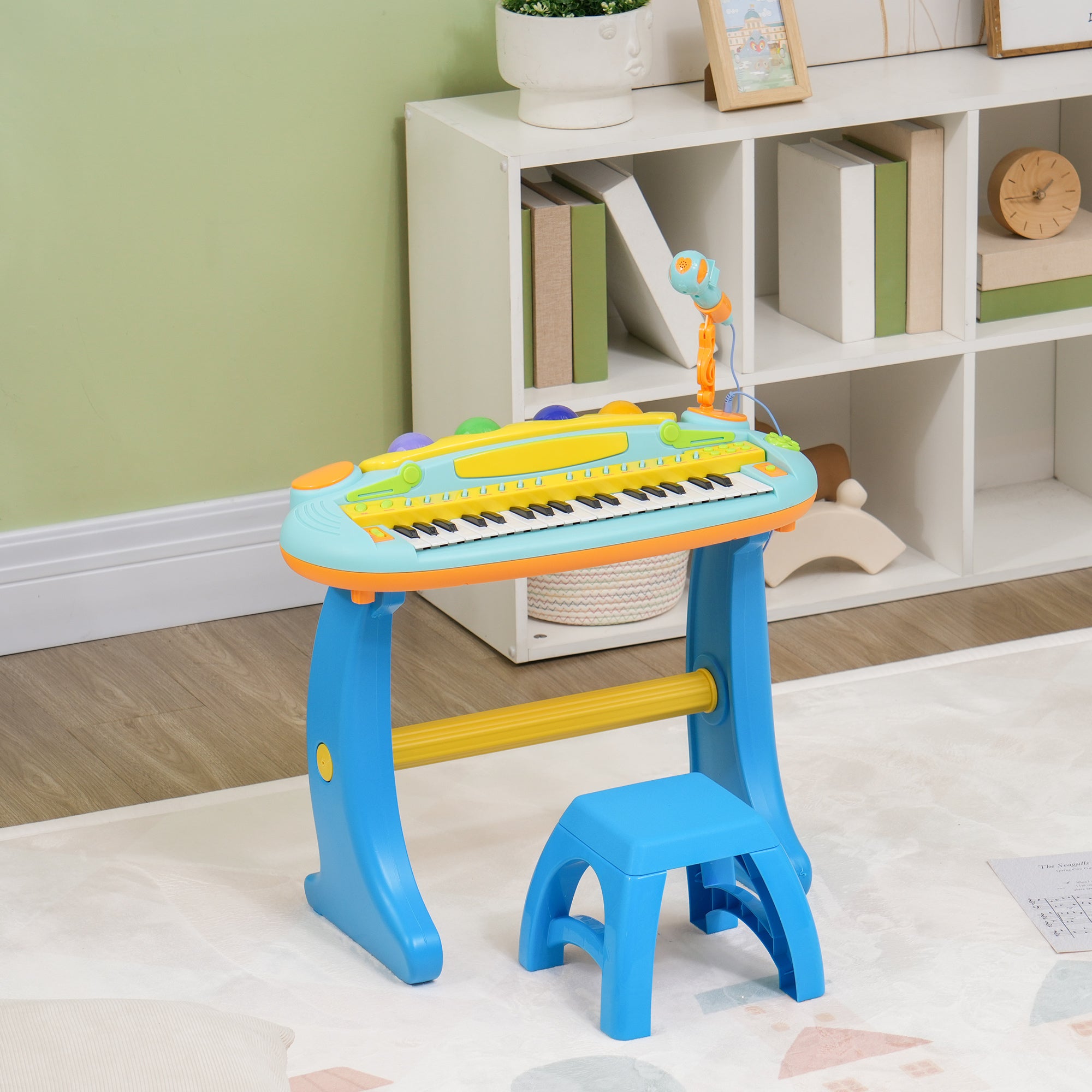 AIYAPLAY 37 Keys Kids Piano w/ Microphone, Stool, LED Lights, Record & Replay Function, Blue - North Peak Garden Furniture