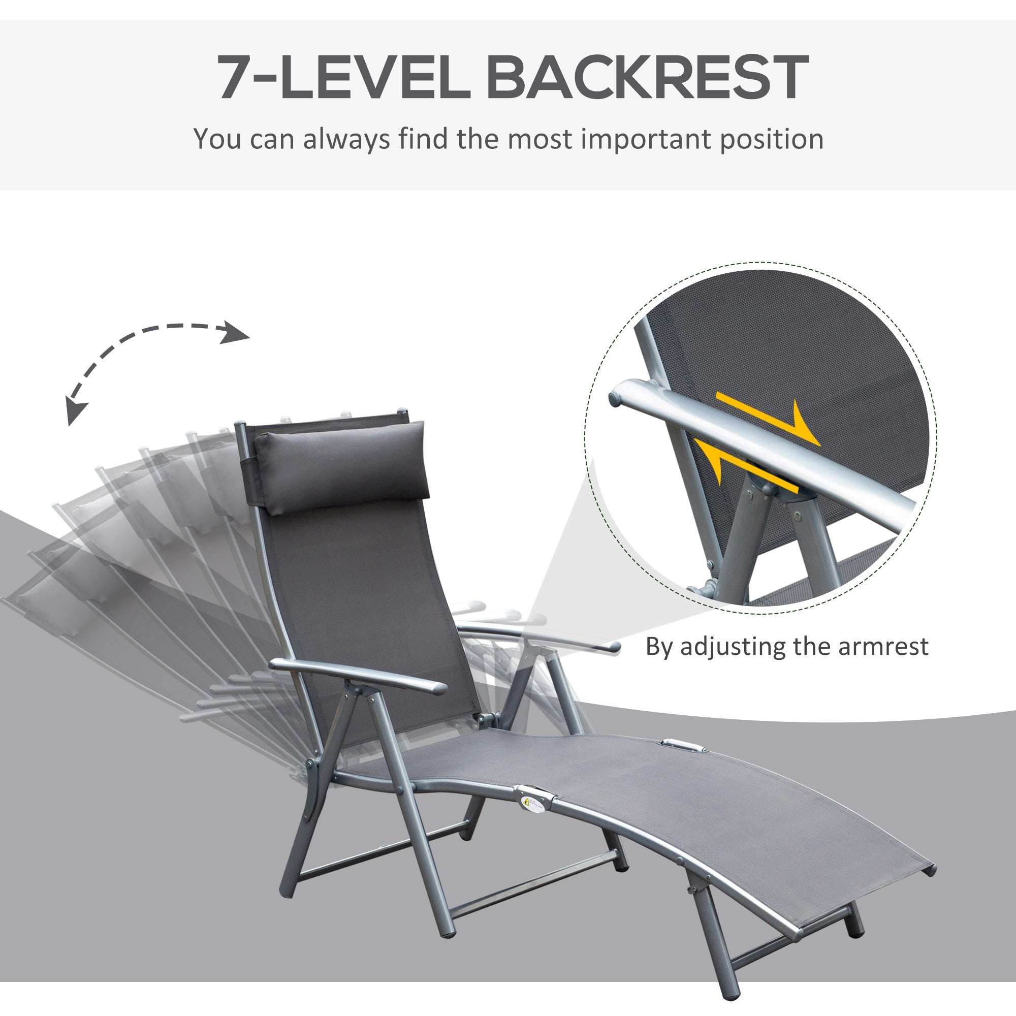 Outsunny Folding Sun Lounger, Texteline Recliner Chair, 5-Level Adjustable Patio Garden, Grey