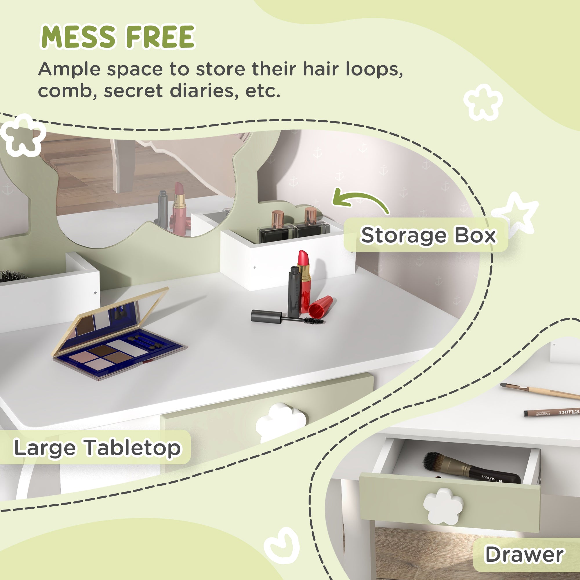 ZONEKIZ Kids Vanity Table with Mirror and Stool, Drawer, Storage Boxes, Flower Design, for Ages 3-6 Years - White - North Peak Garden Furniture