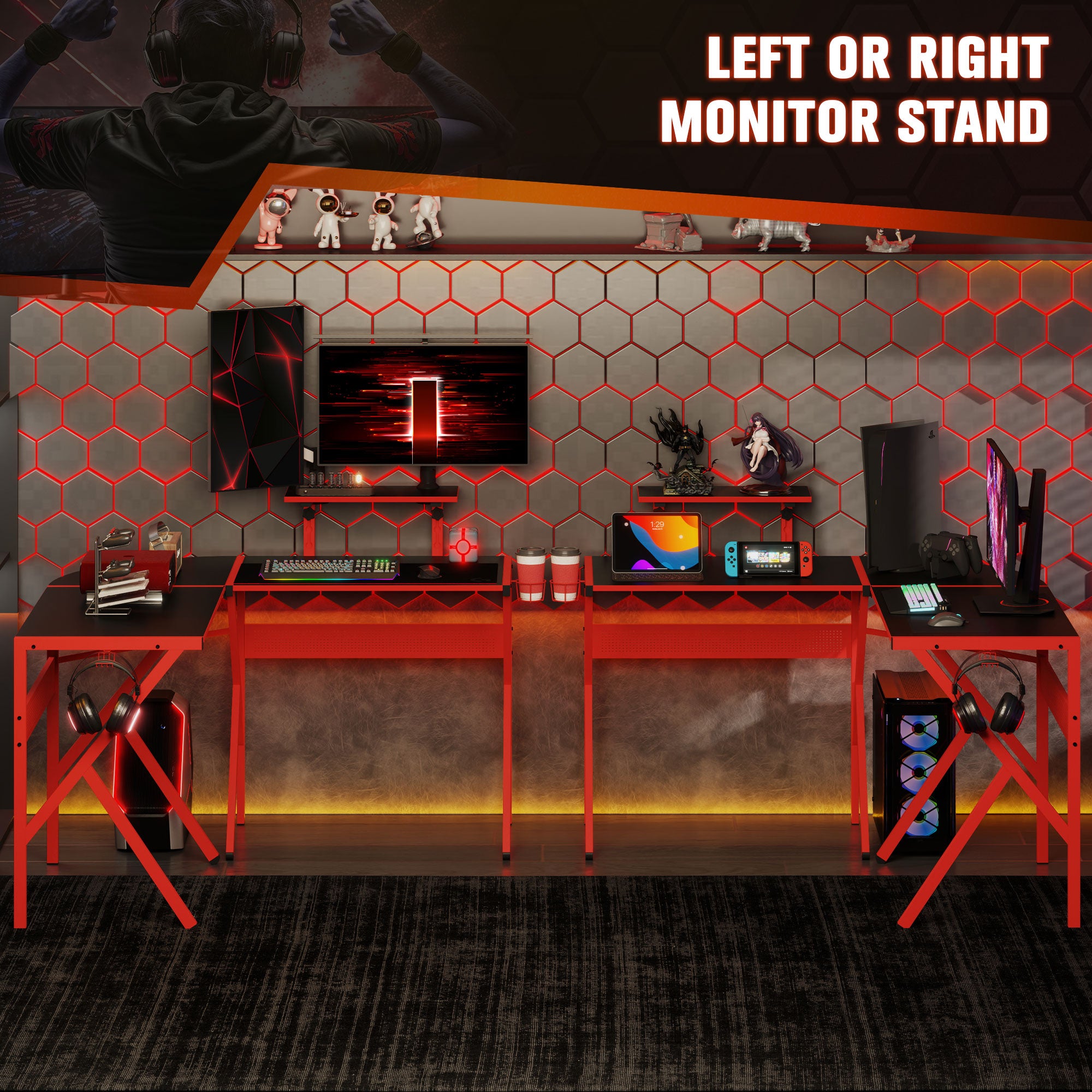 HOMCOM Gaming Desk L-Shaped Corner Computer Table for Home Office PC Workstations with Adjustable Monitor Stand Cup Holder Headphone Hook 125x125x75cm, Red - North Peak Garden Furniture