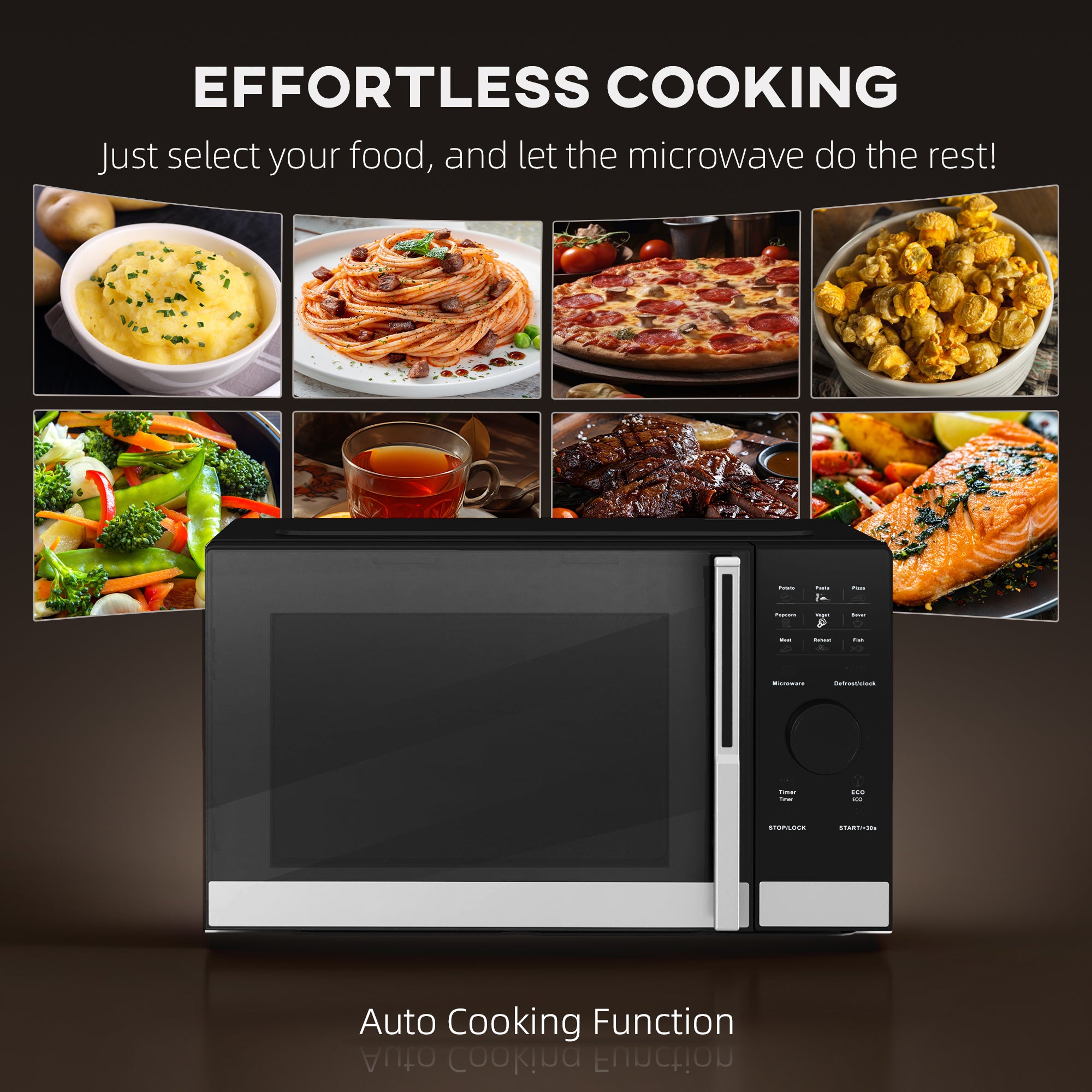 HOMCOM 23L 800W Microwave Oven, Digital Solo Microwave with 10 Power Levels, Automatic Defrost, 8 Auto Cook Menus, 60 Minutes Timer, Eco Mode, Clock, Easy Clean, Small Black Microwave - North Peak Garden Furniture