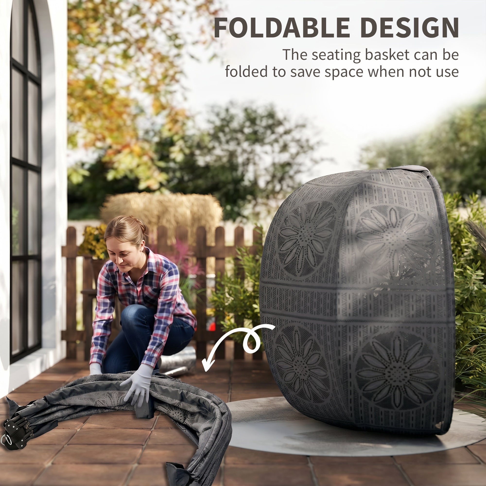 Outsunny Round Egg Basket Chair, with Steel Stand, Charcoal Grey