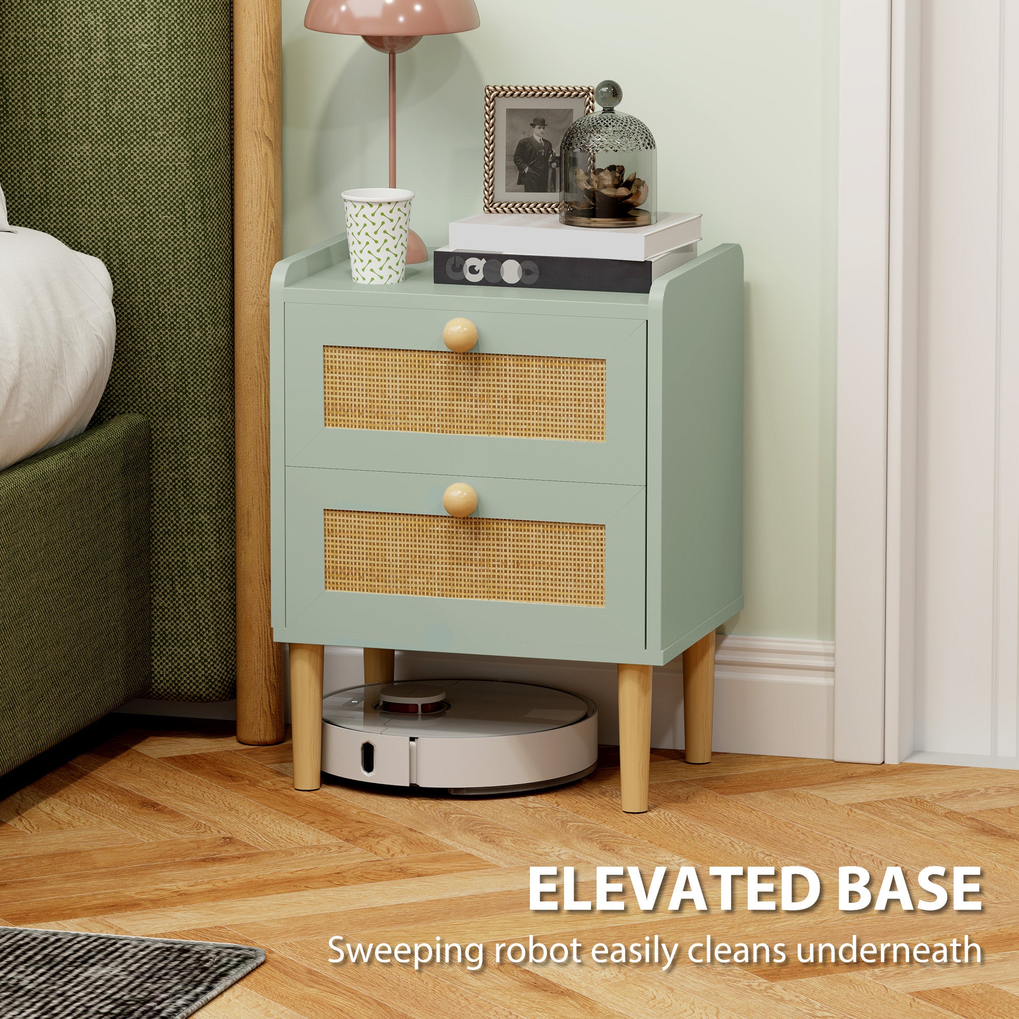 HOMCOM Bedroom Chest of Drawers, Boho Rattan Dresser with 2 Drawers, Storage Cabinet for Living Room, Hallway, Entryway, Olive Green - North Peak Garden Furniture