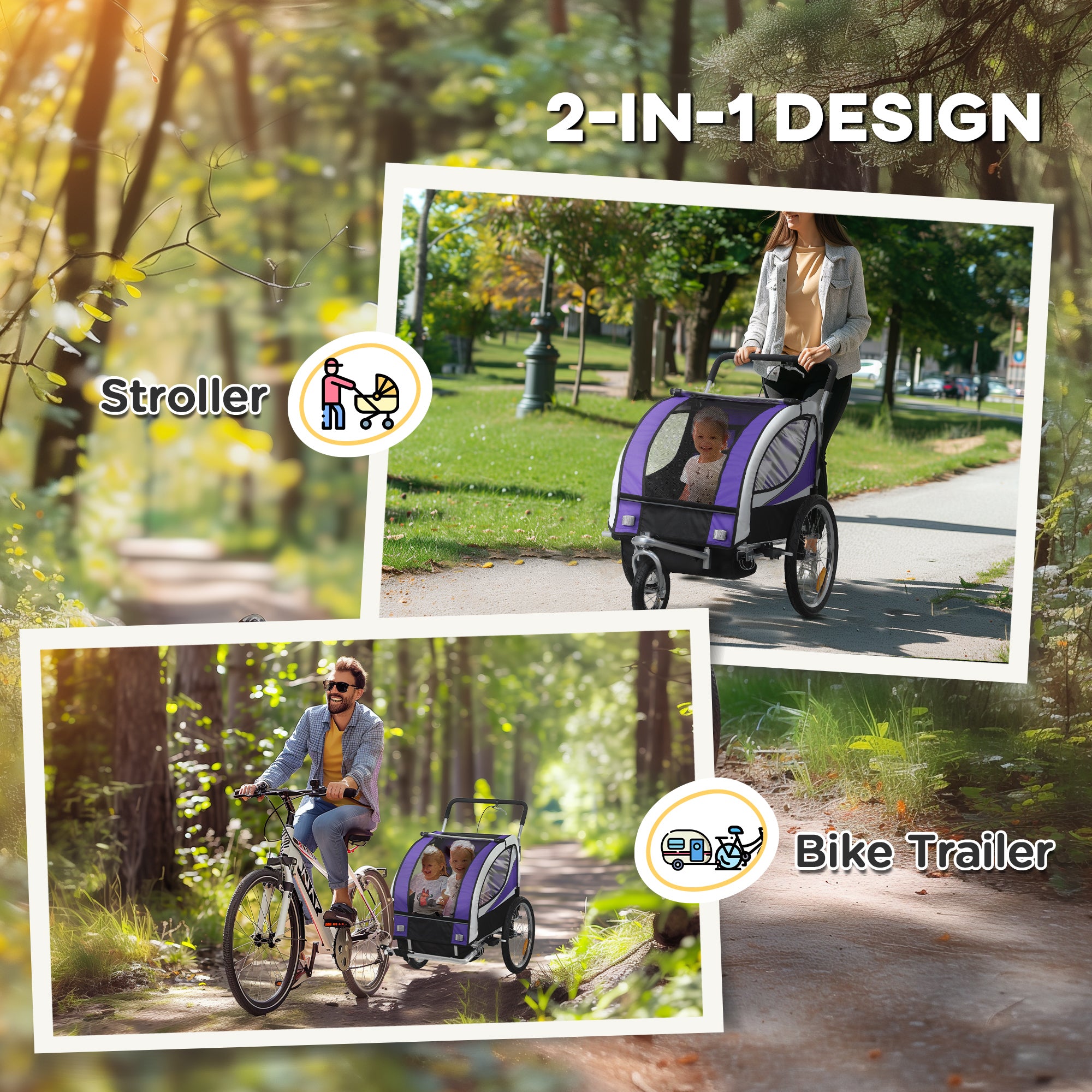 HOMCOM Baby Bike Trailer with 5 Point Harness, Steel Frame, Reflectors, Safety Flag, Hitch Coupler, Purple - North Peak Garden Furniture
