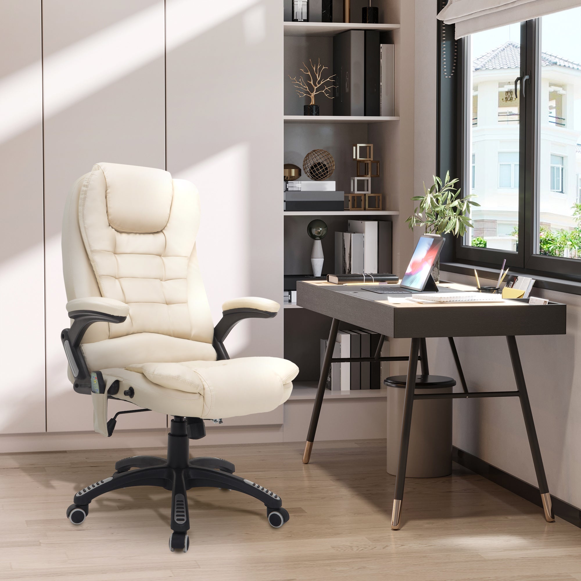 HOMCOM Heated Massage Office Chair, PU Leather Executive Office Chair with High Back, Tilt and Reclining Function, Beige - North Peak Garden Furniture