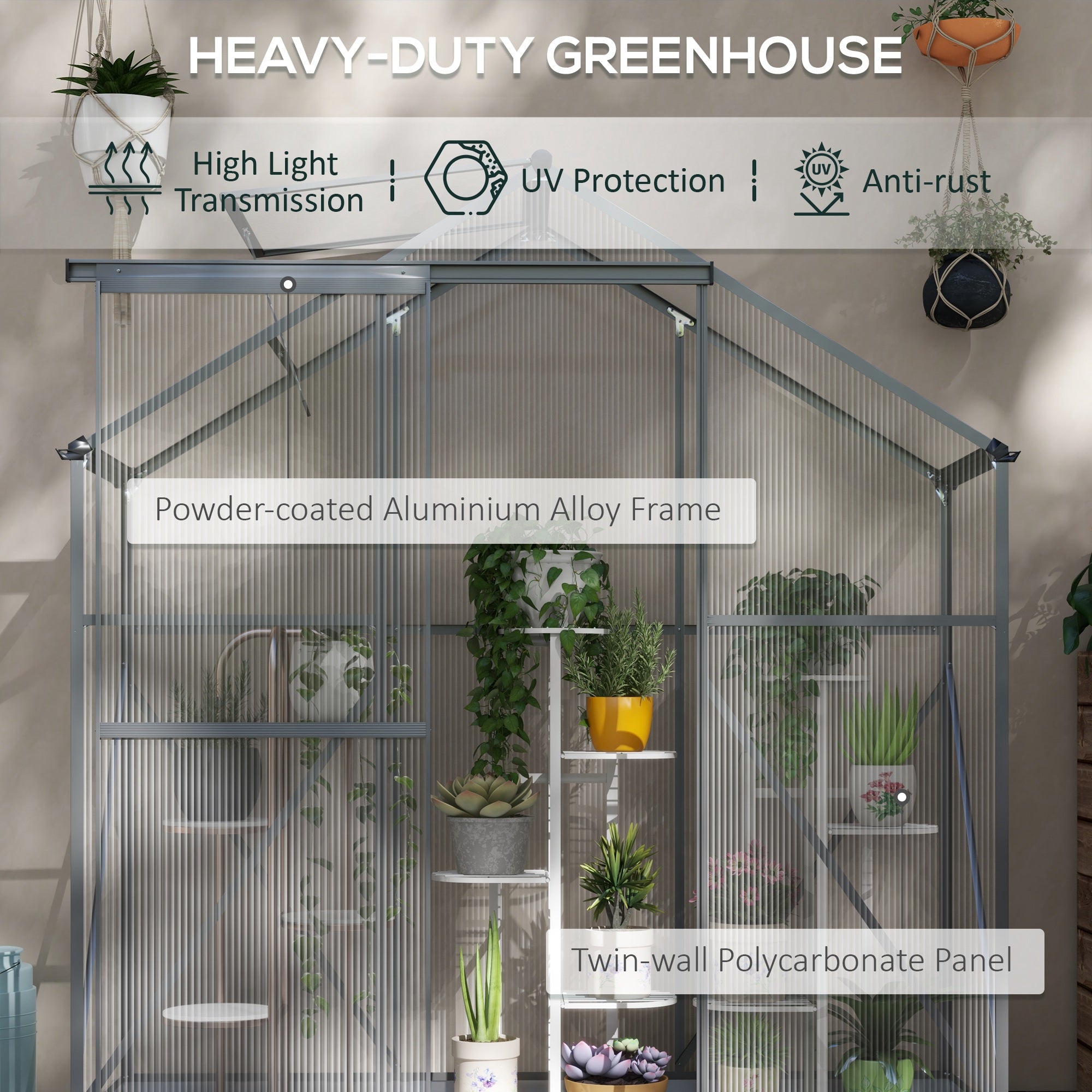 Outsunny 6 x 2.5ft Polycarbonate Greenhouse Walk-In Green House with Rain Gutter, Sliding Door, Window, Foundation, Dark Grey - North Peak Garden Furniture
